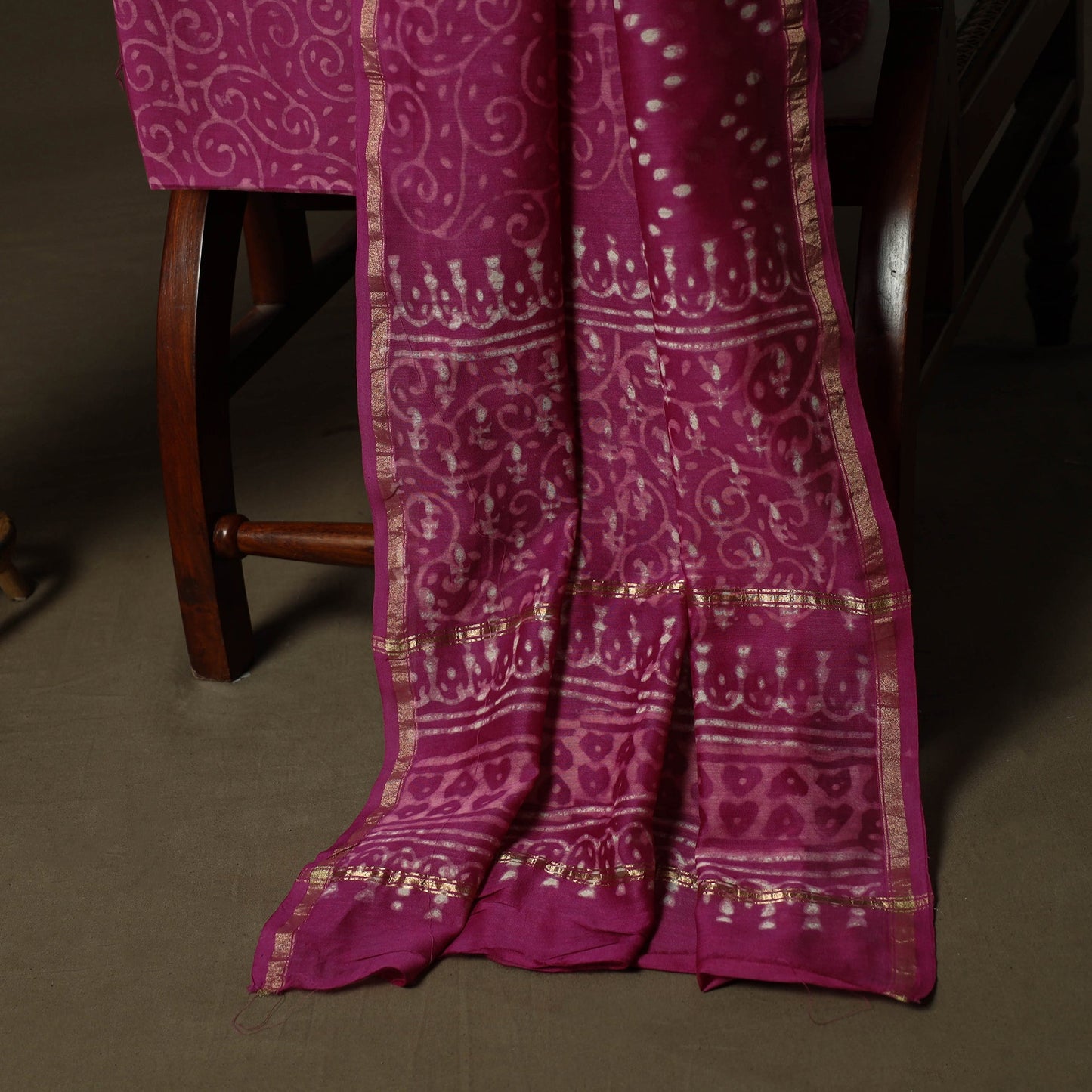 Hand block batik print chanderi silk 3pc unstitched dress