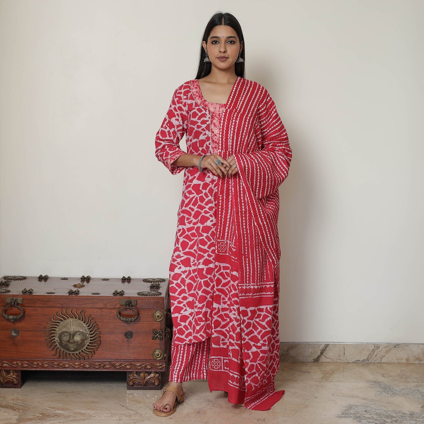 Hand Batik Printed Cotton Kurta with Palazzo & Dupatta Set 06