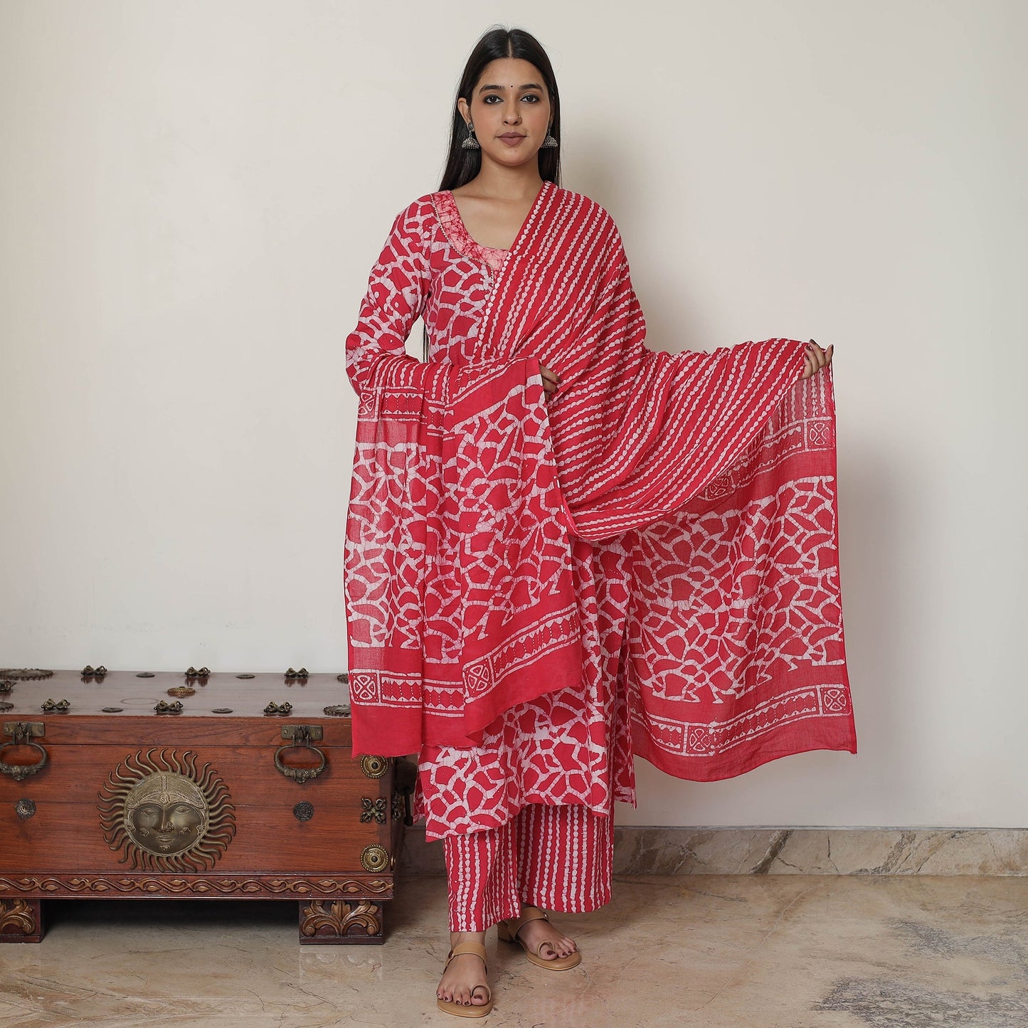 Hand Batik Printed Cotton Kurta with Palazzo & Dupatta Set 06
