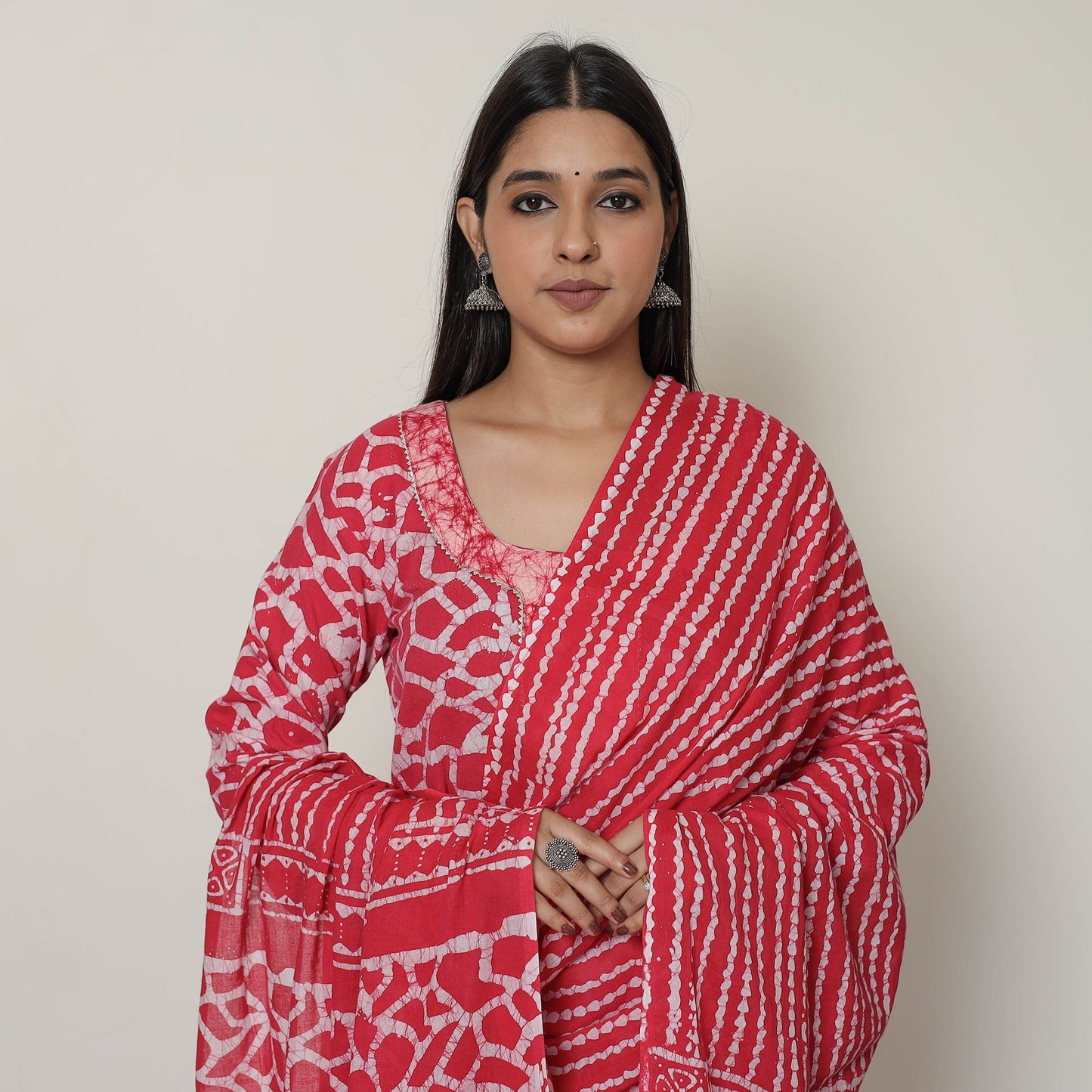 Hand Batik Printed Cotton Kurta with Palazzo & Dupatta Set 06