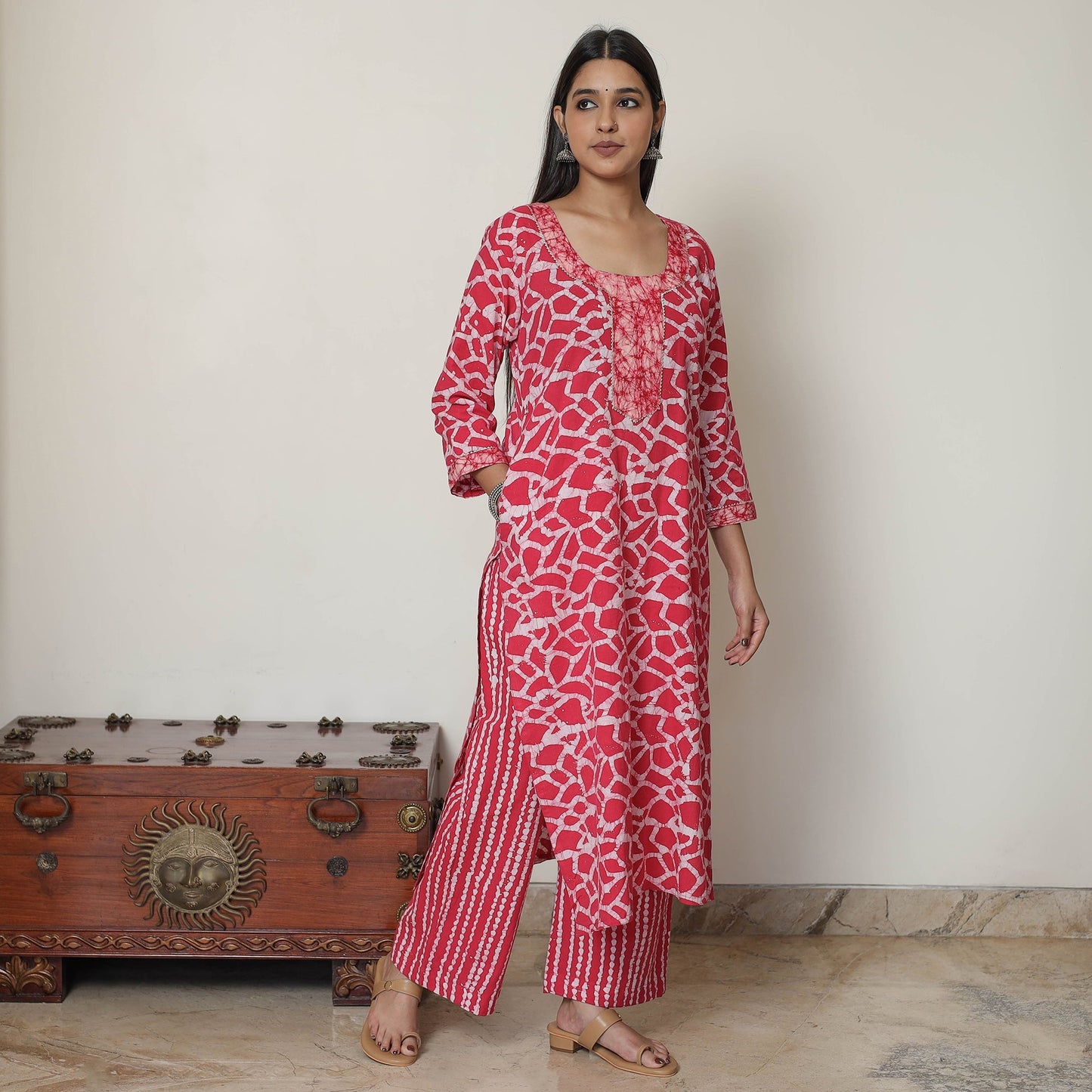 Hand Batik Printed Cotton Kurta with Palazzo & Dupatta Set 06
