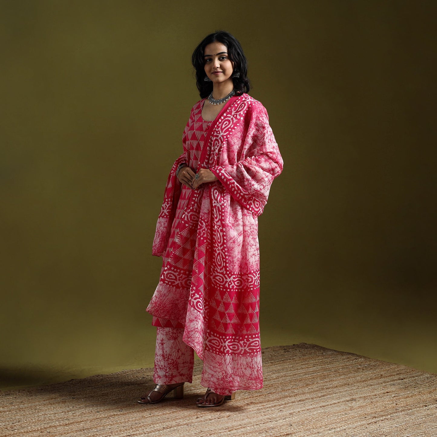 Hand block batik print cotton suit set with dupatta