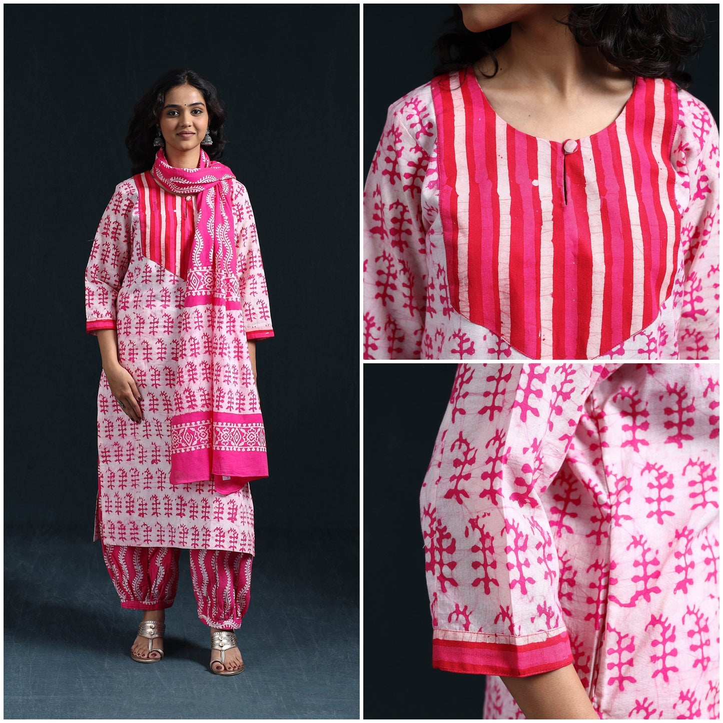 Hand batik cotton suit set with dupatta for women 18