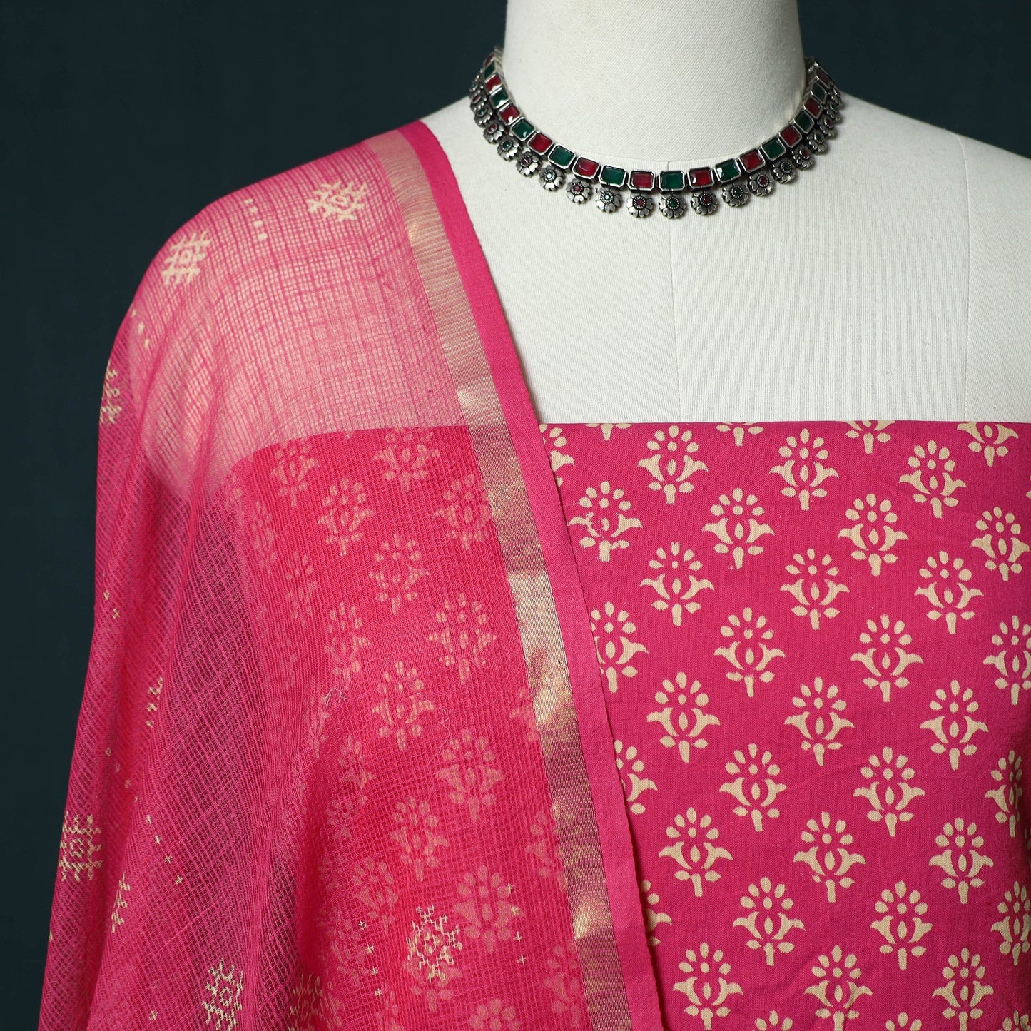 Hand block jaipur print cotton 3pc unstitched dress