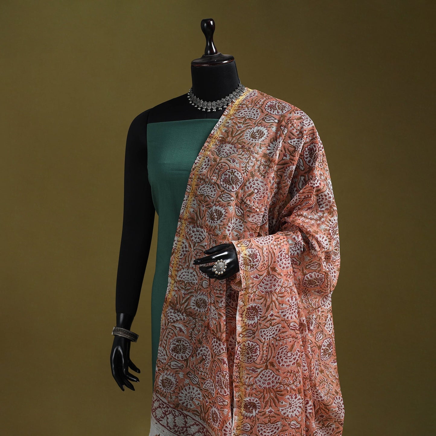 Hand chanderi silk sanganeri floral dupatta 53 - handcrafted