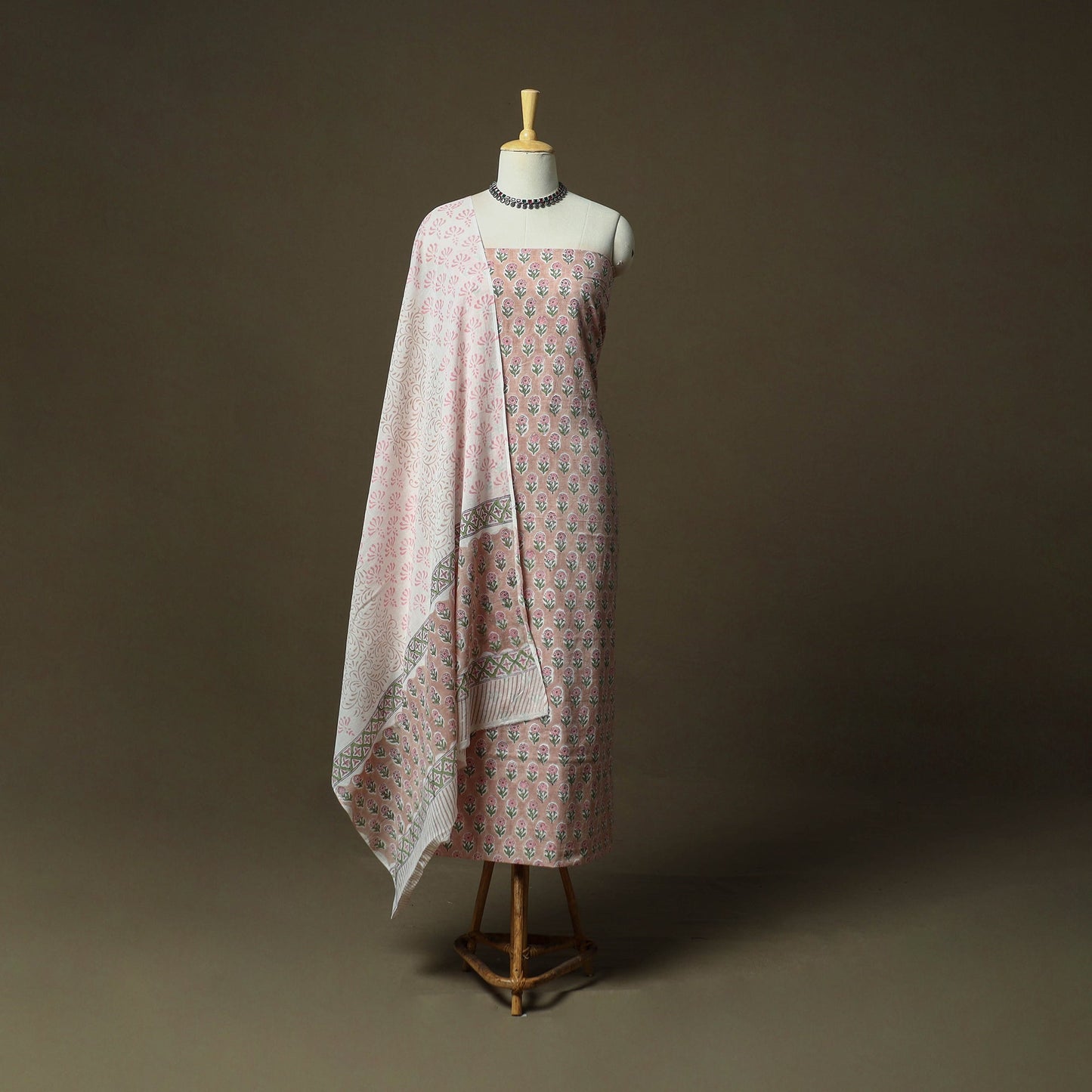 Hand block print cotton sanganeri 3pc unstitched dress