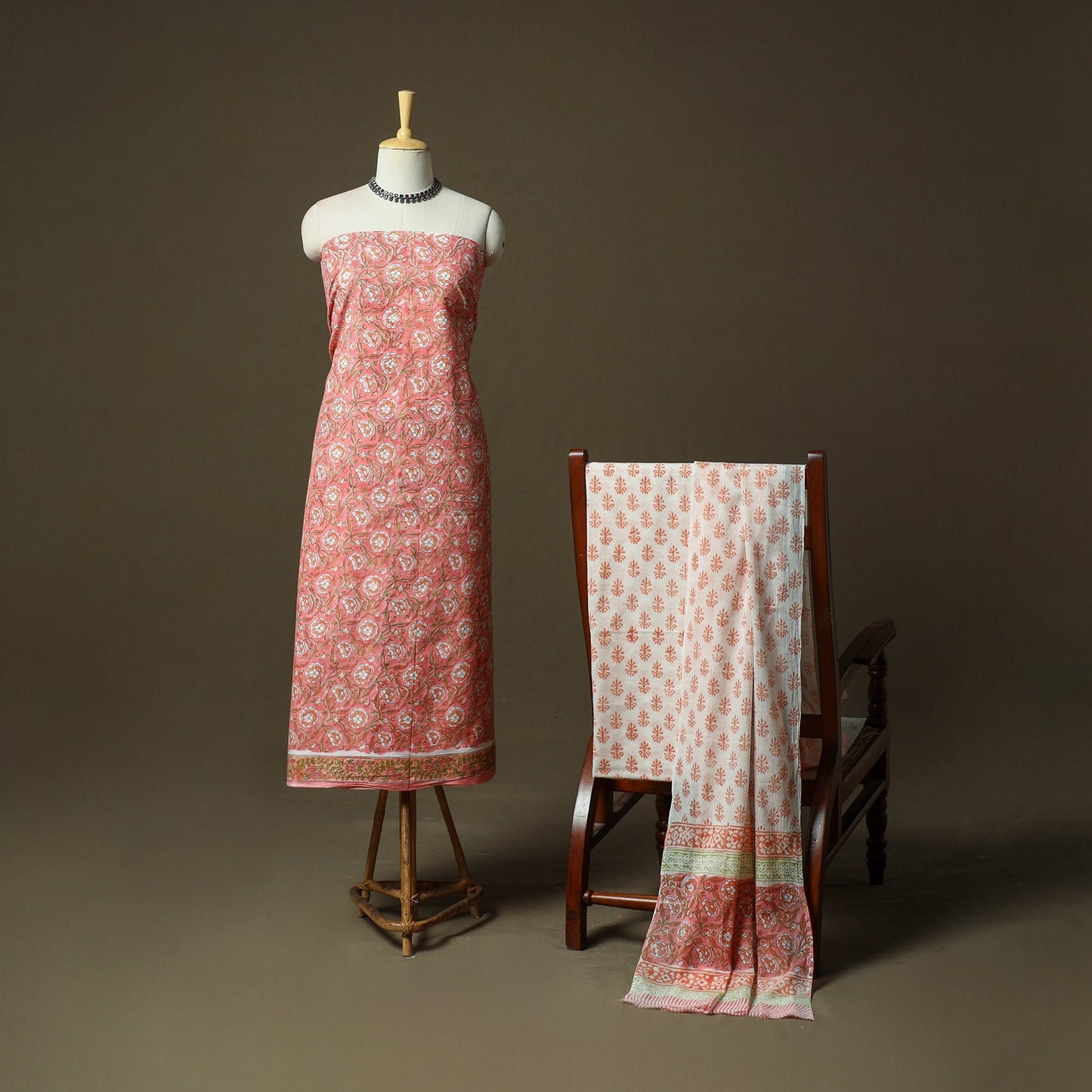 Hand block print cotton sanganeri 3pc unstitched dress