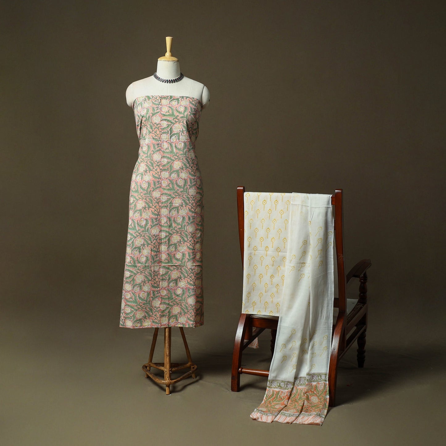 Hand block print cotton sanganeri 3pc unstitched dress