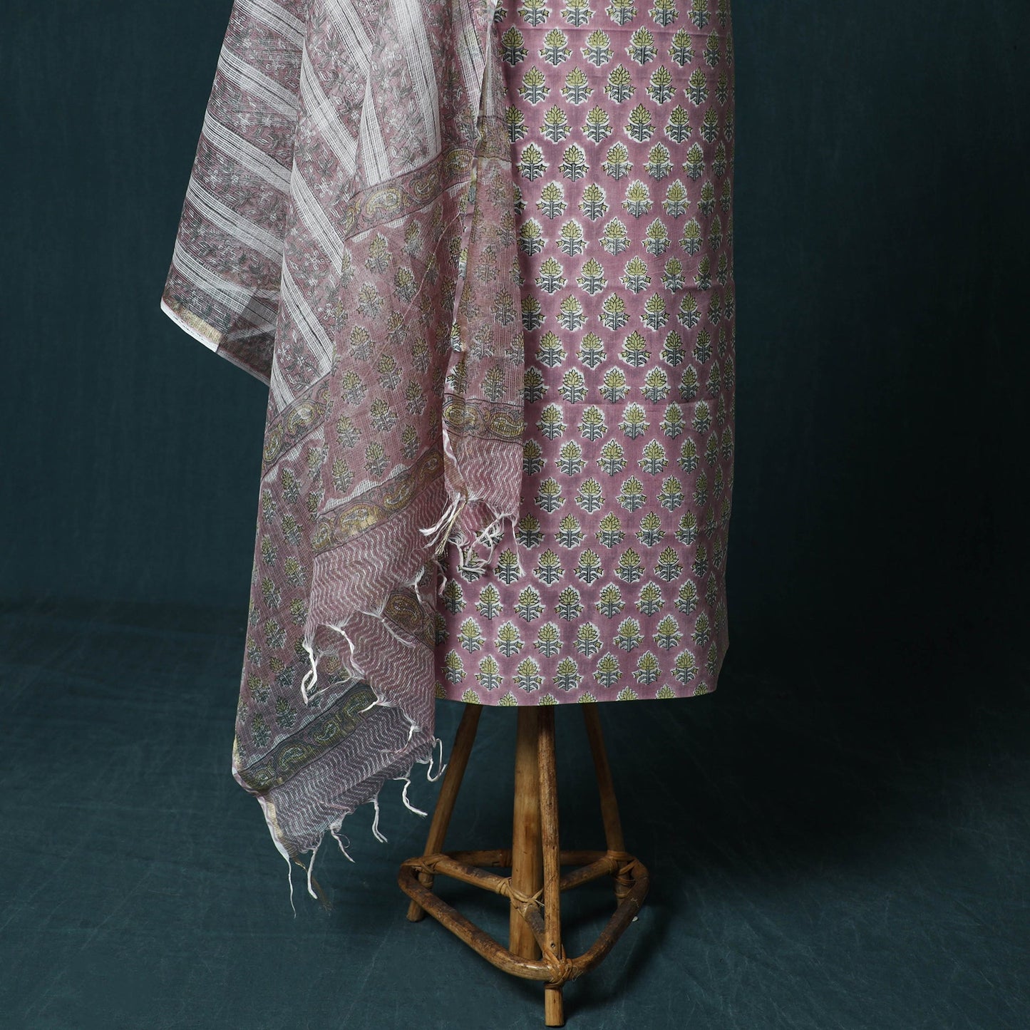 Hand block print sanganeri cotton 3pc unstitched dress
