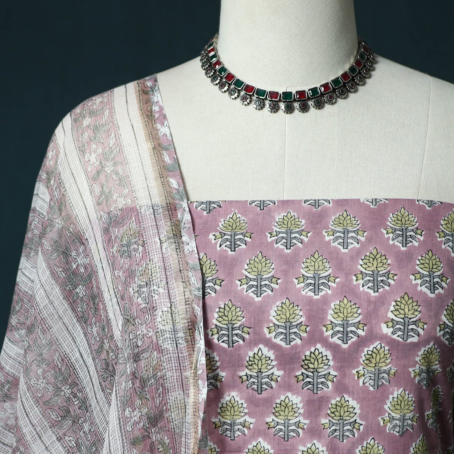 Hand block print sanganeri cotton 3pc unstitched dress