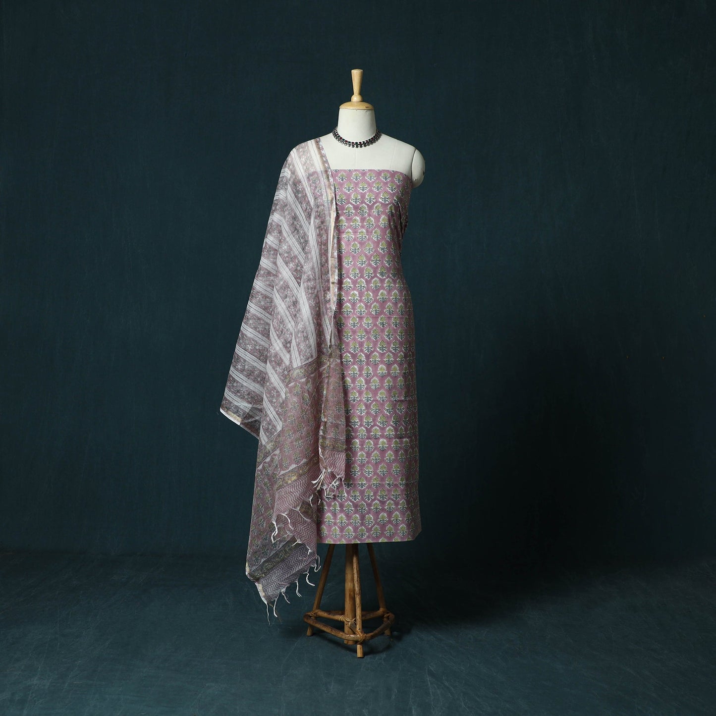Hand block print sanganeri cotton 3pc unstitched dress