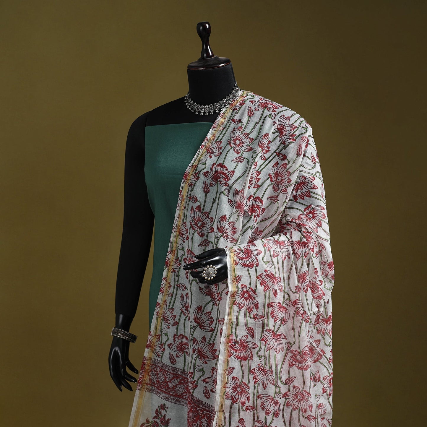 Hand chanderi silk sanganeri floral dupatta 57 - handcrafted