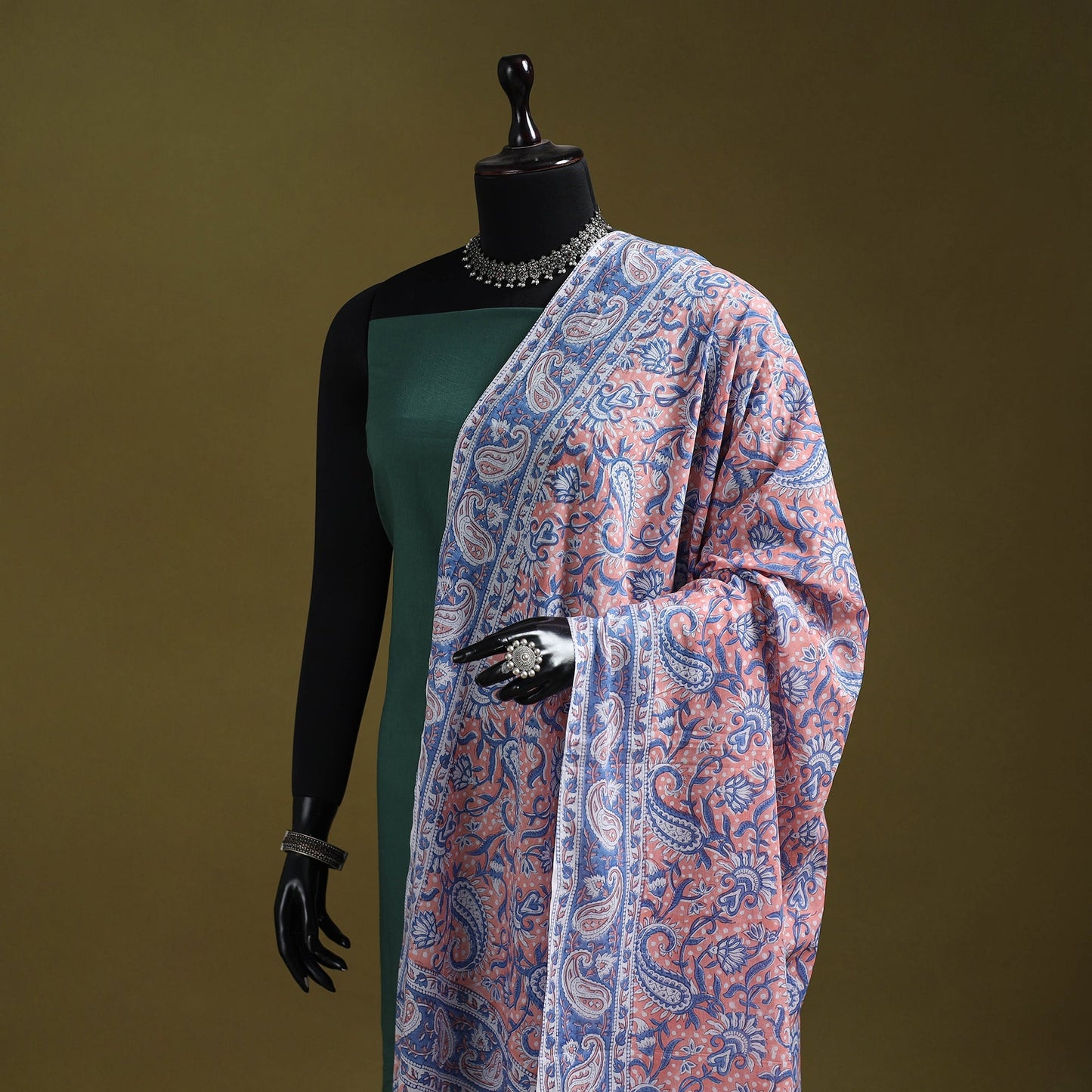 Hand cotton sanganeri floral dupatta 07 - handcrafted