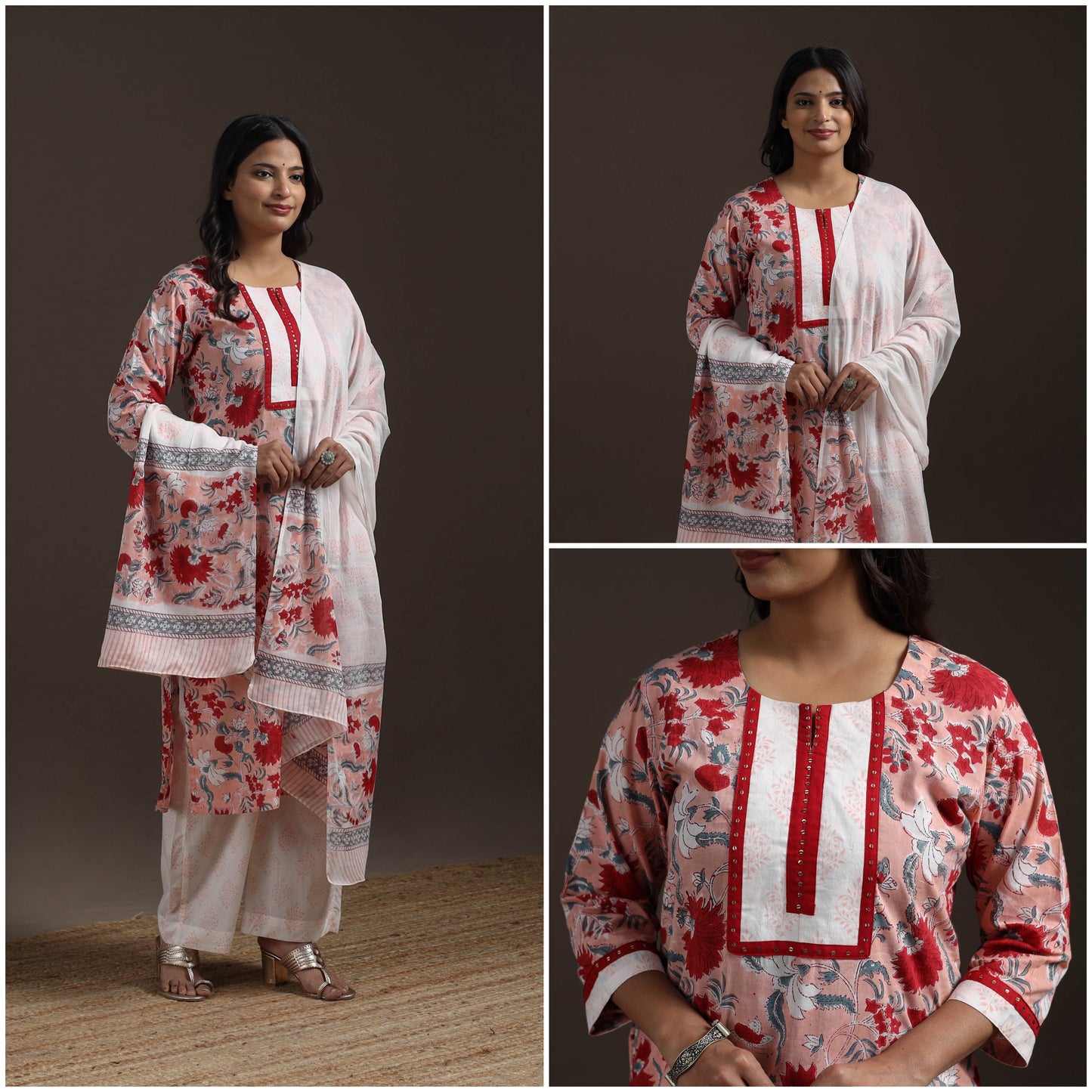 Hand embroidered cotton sanganeri suit set with dupatta