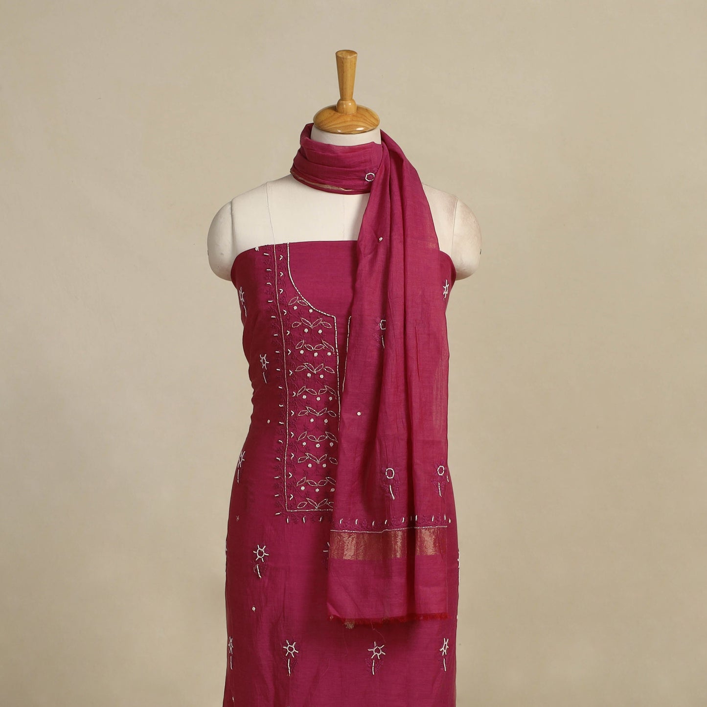 Pink Hand Embroidery 2pc Mul Chanderi Chikankari Dress Material