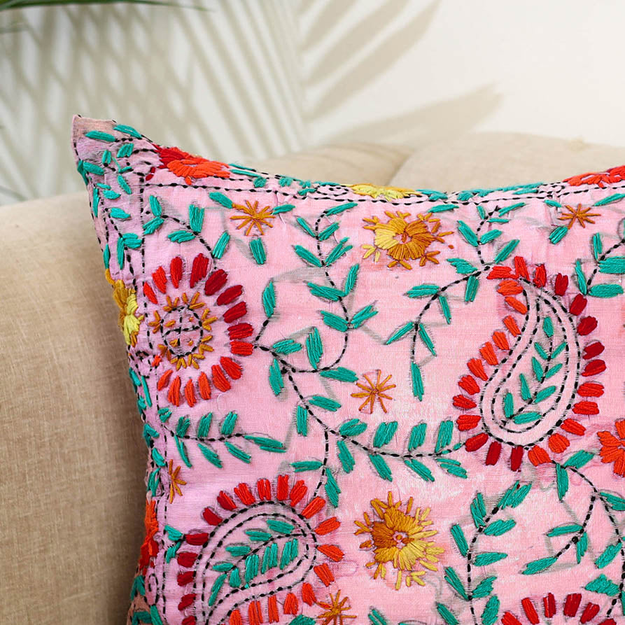 Pink Hand Embroidered Cushion Cover in Chanderi Silk