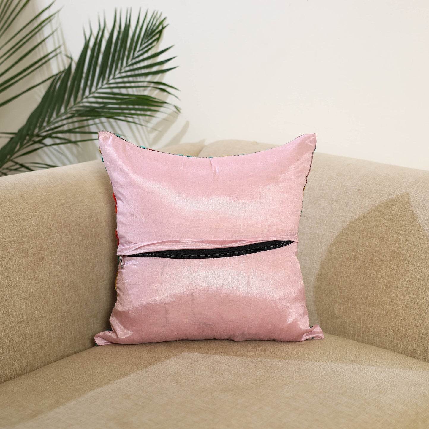 Pink Hand Embroidered Cushion Cover in Chanderi Silk