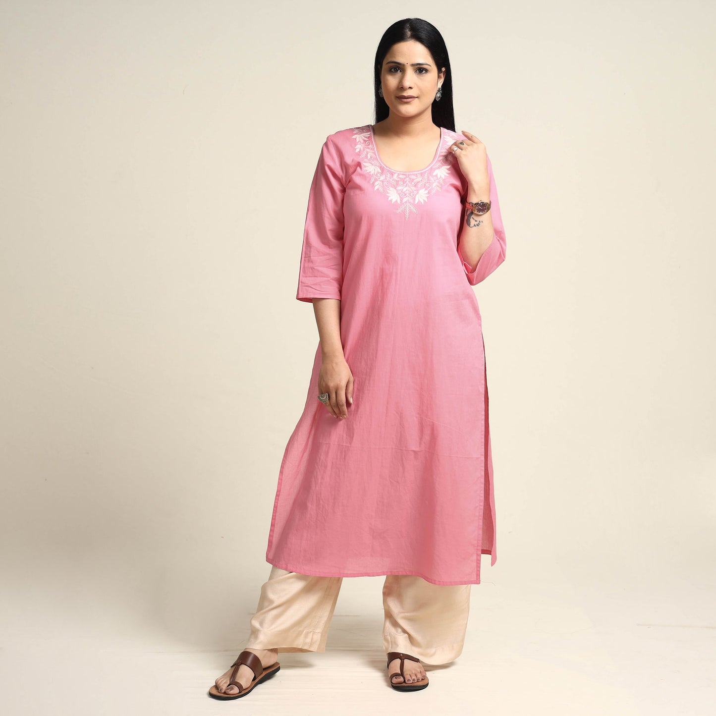 Plain Dyed Hand Embroidery Cotton Long Kurta