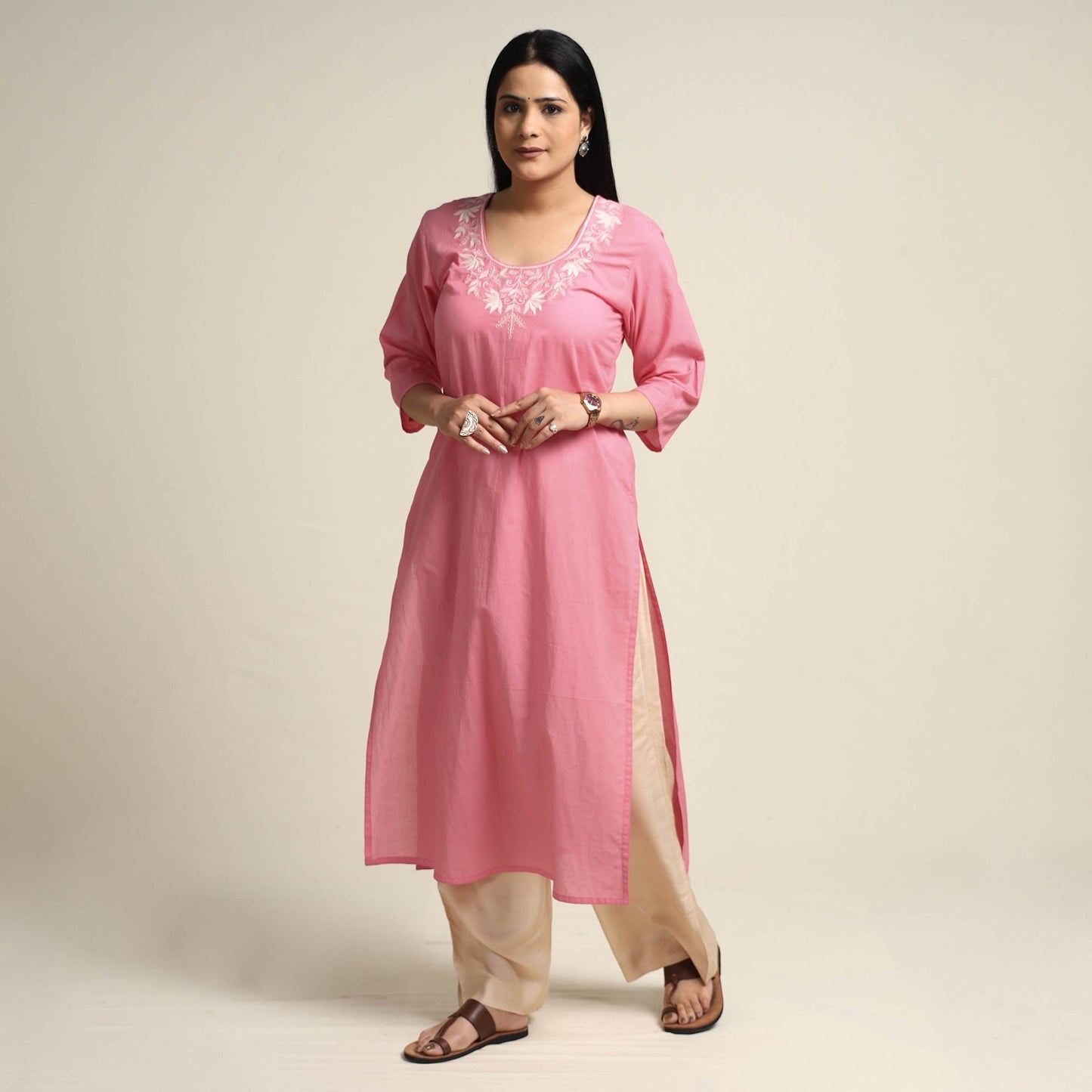Plain Dyed Hand Embroidery Cotton Long Kurta