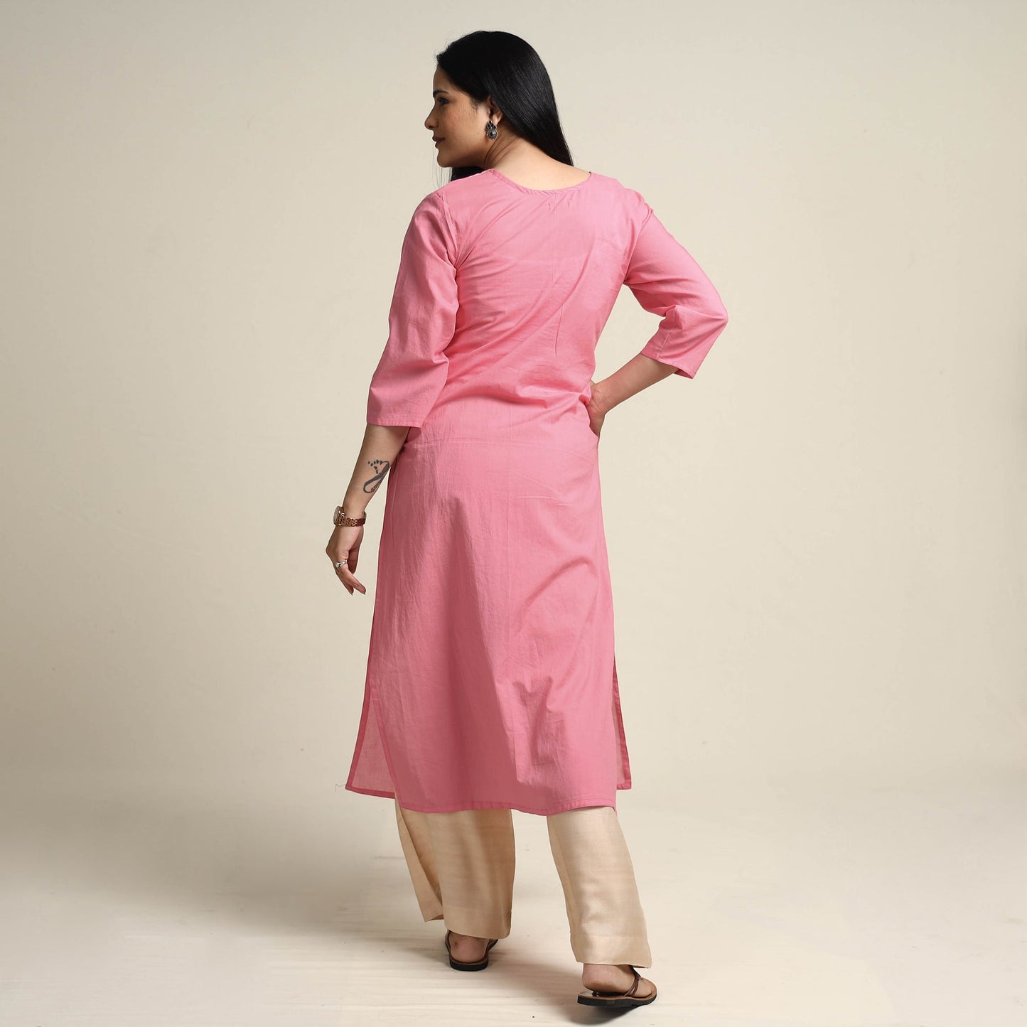 Plain Dyed Hand Embroidery Cotton Long Kurta