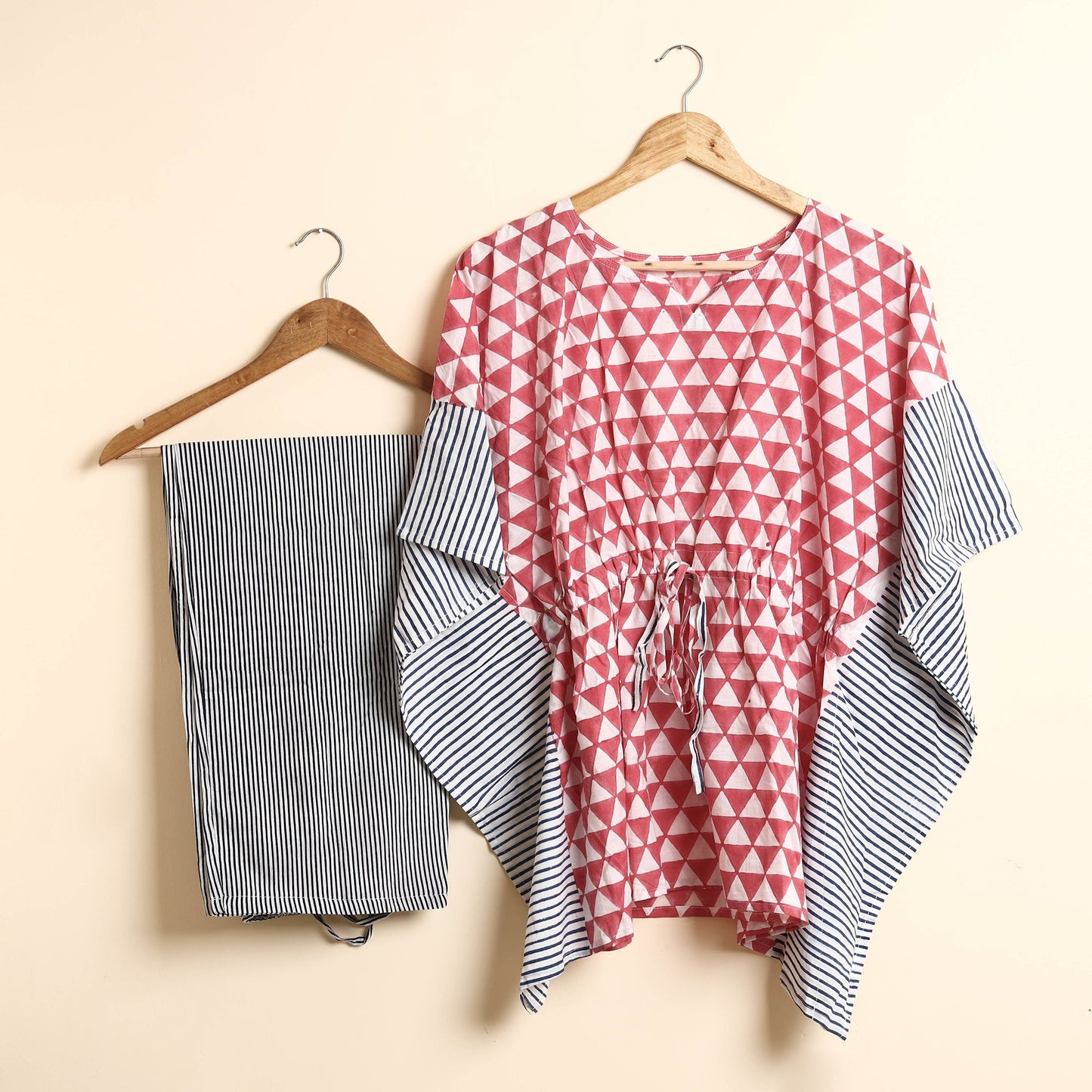 Hand Block Printed Cotton Kaftan & Pyjama Night Suit Set
