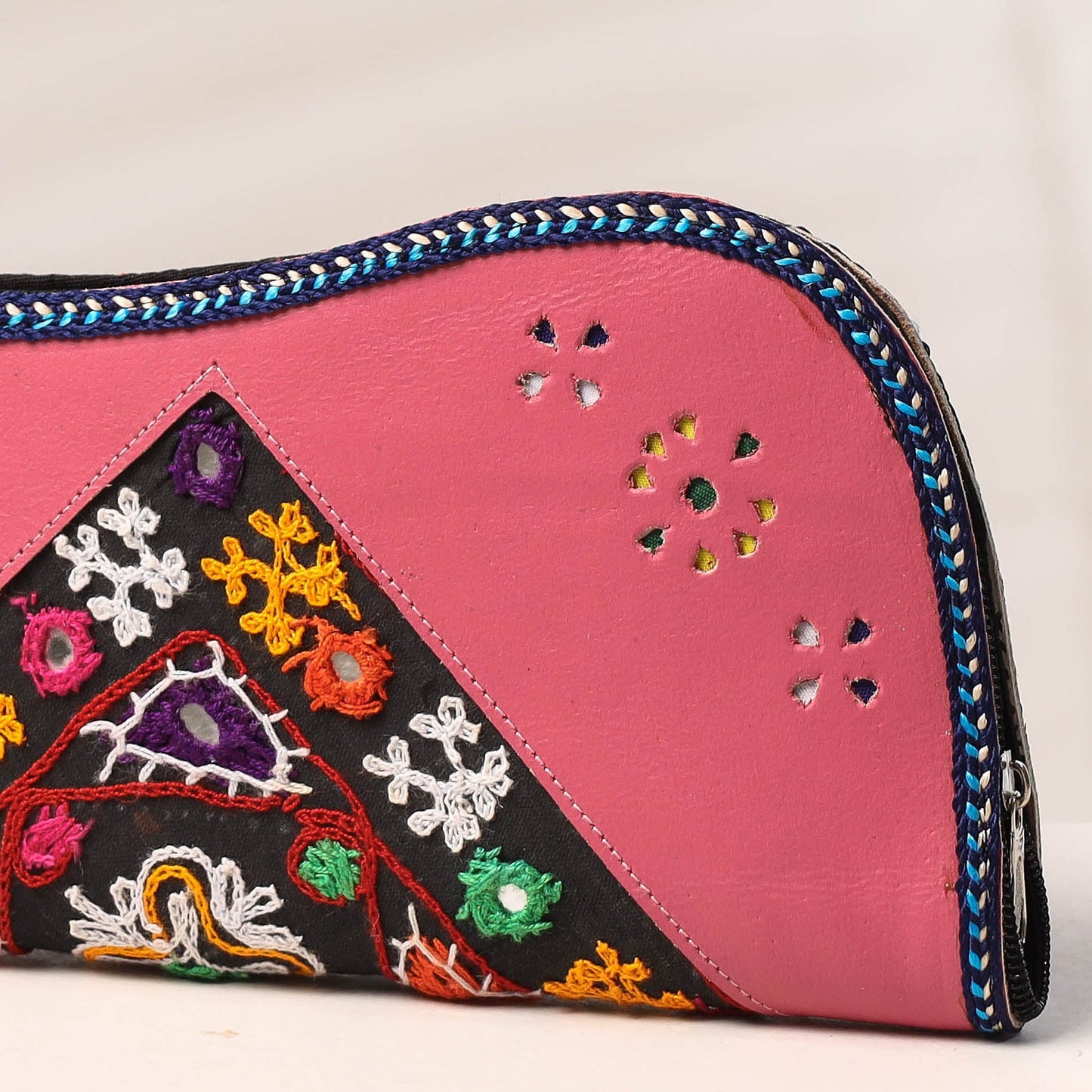 Pink Handcrafted Kutch Embroidery Leather Clutch / Wallet