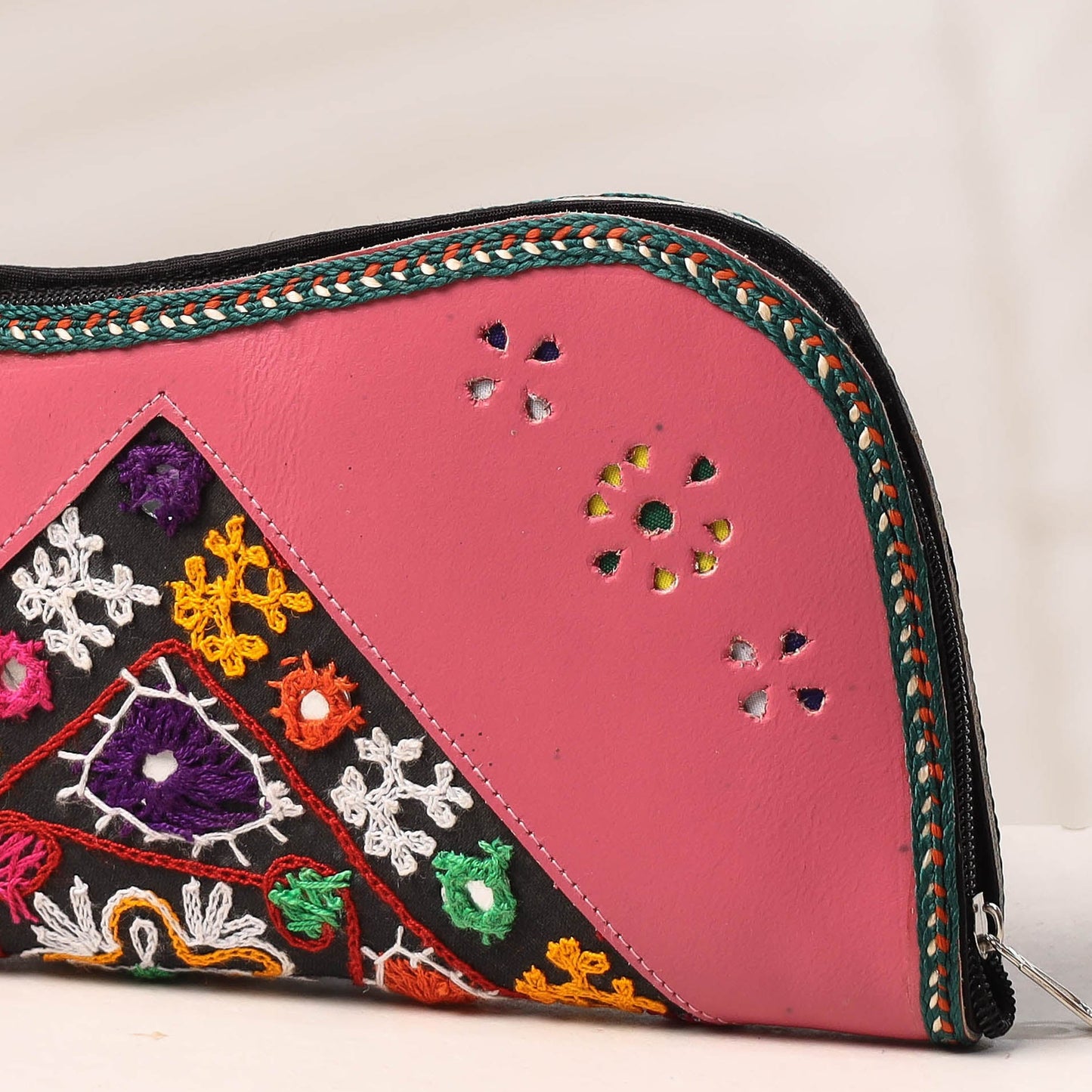 Pink Handcrafted Kutch Embroidery Leather Clutch / Wallet