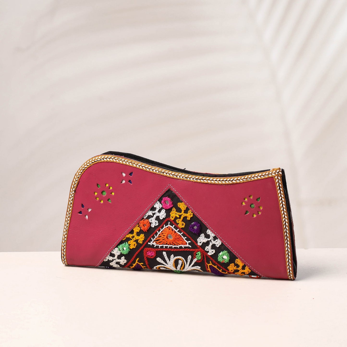 Pink Handcrafted Kutch Embroidery Leather Clutch / Wallet
