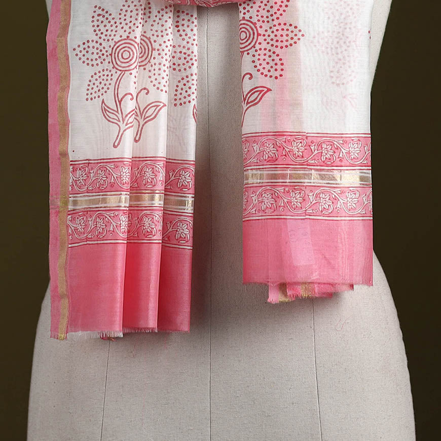 Handloom chanderi silk sanganeri stole 19 - handcrafted