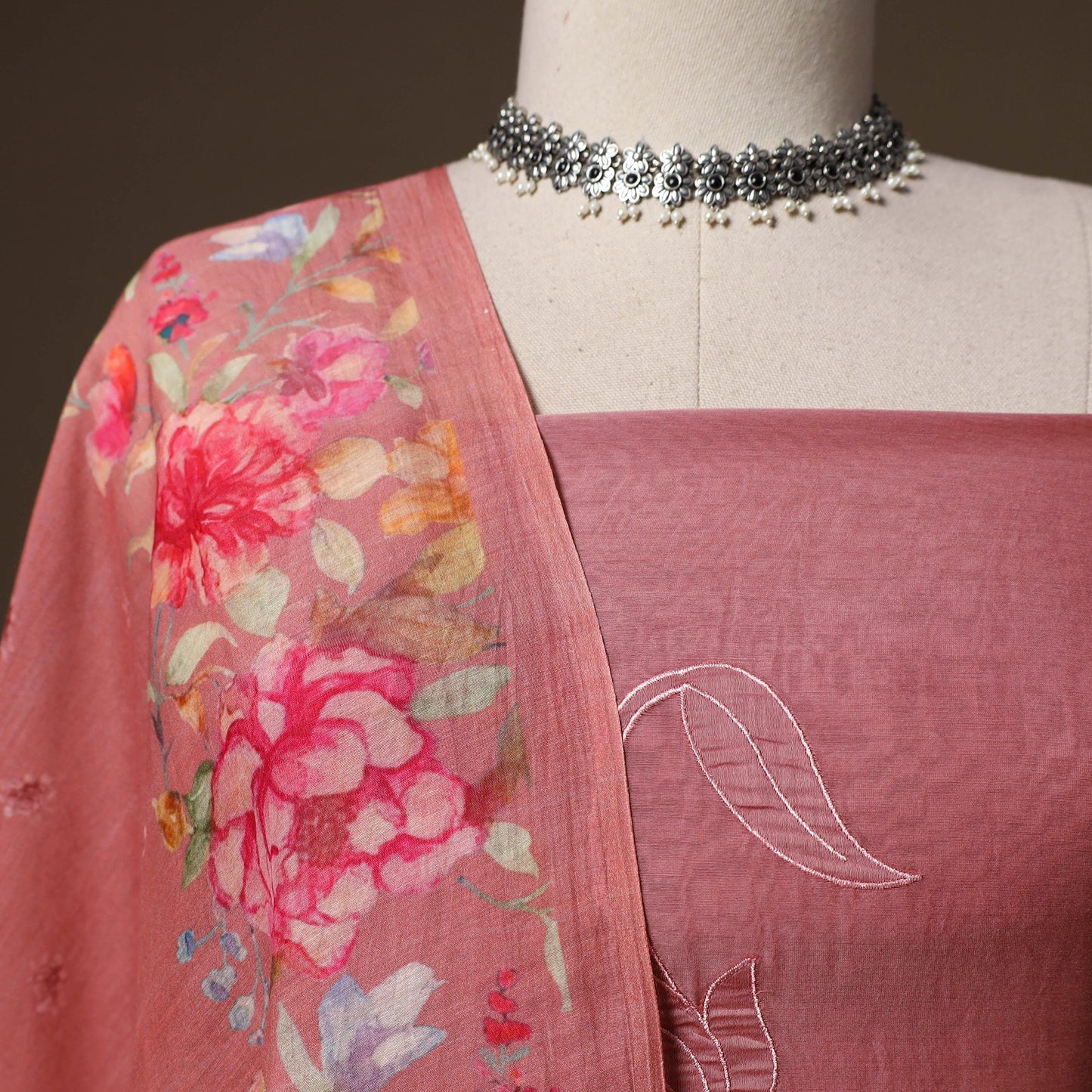 Handloom chanderi silk thread work 3pc unstitched dress