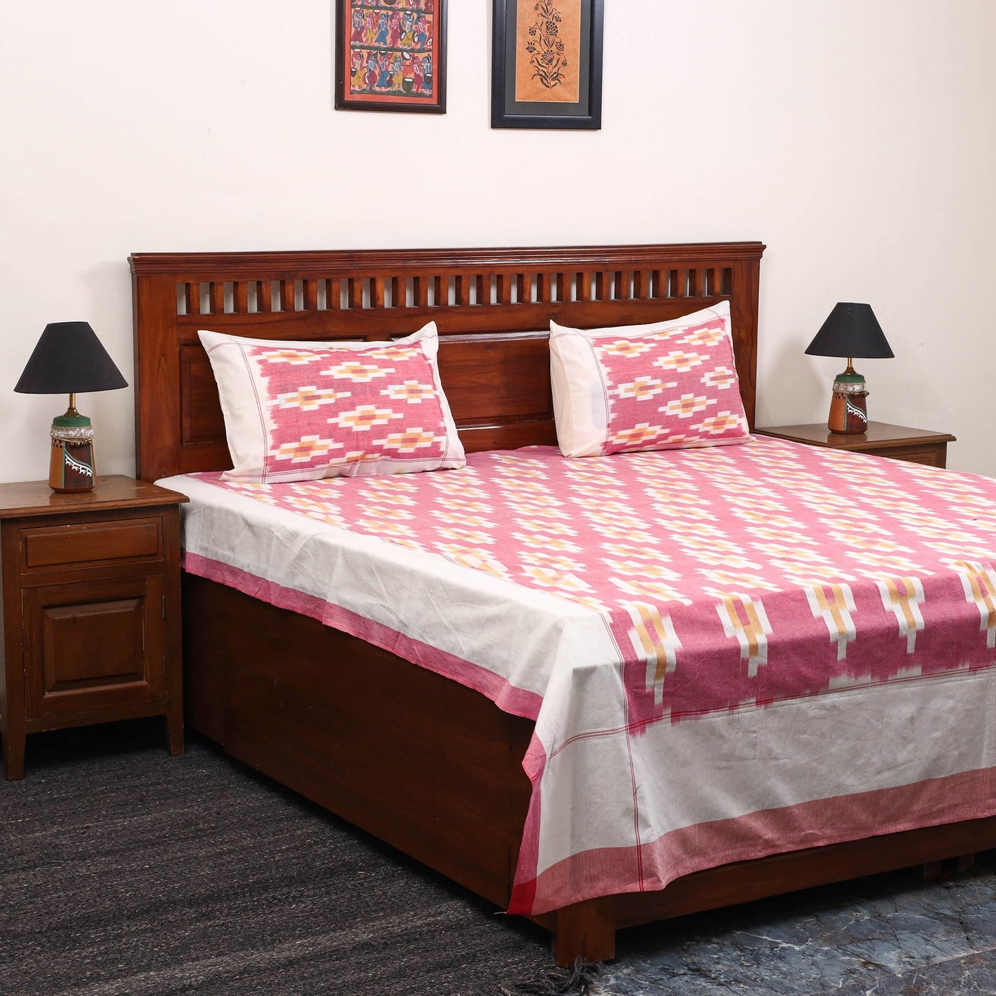 Handloom cotton double pochampally ikat bed sheet set (108