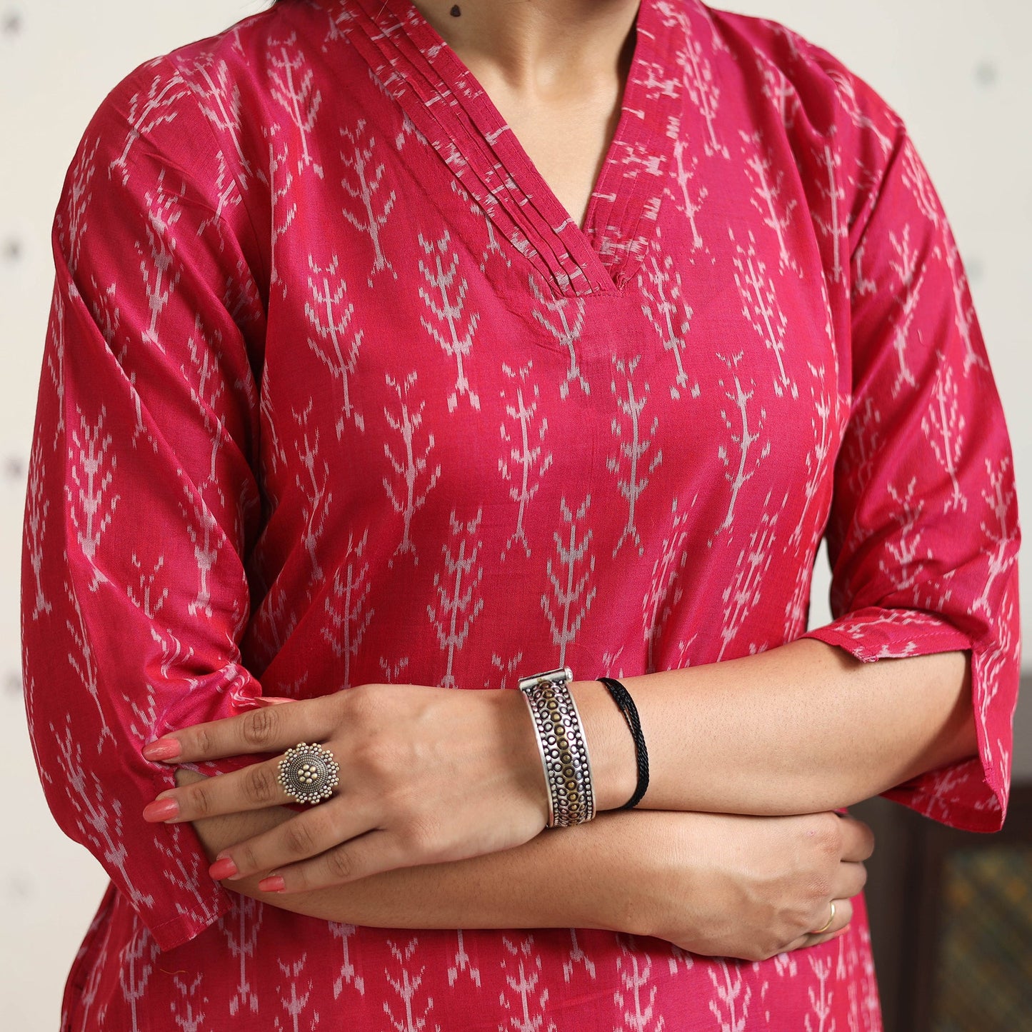 Pink Handloom Cotton A-Line Pochampally Ikat Kurta