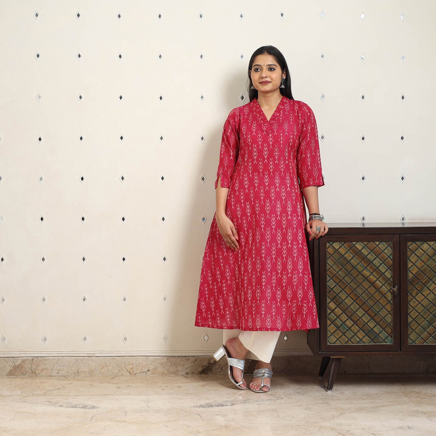 Pink Handloom Cotton A-Line Pochampally Ikat Kurta