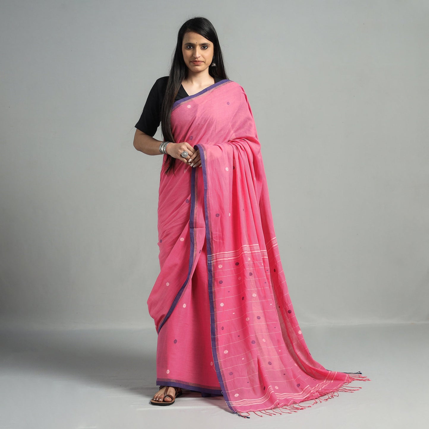 Handloom Cotton Phulia Jamdani Saree with Tassels