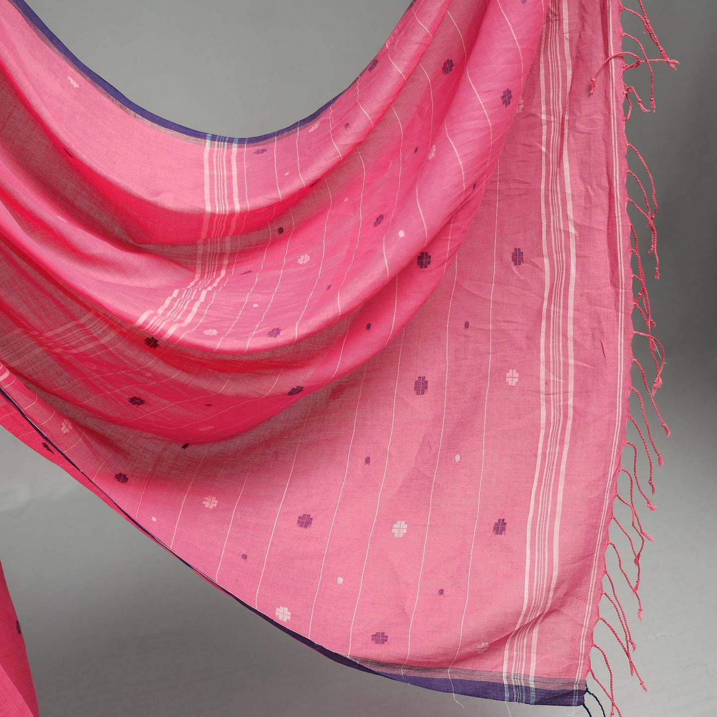 Handloom Cotton Phulia Jamdani Saree with Tassels