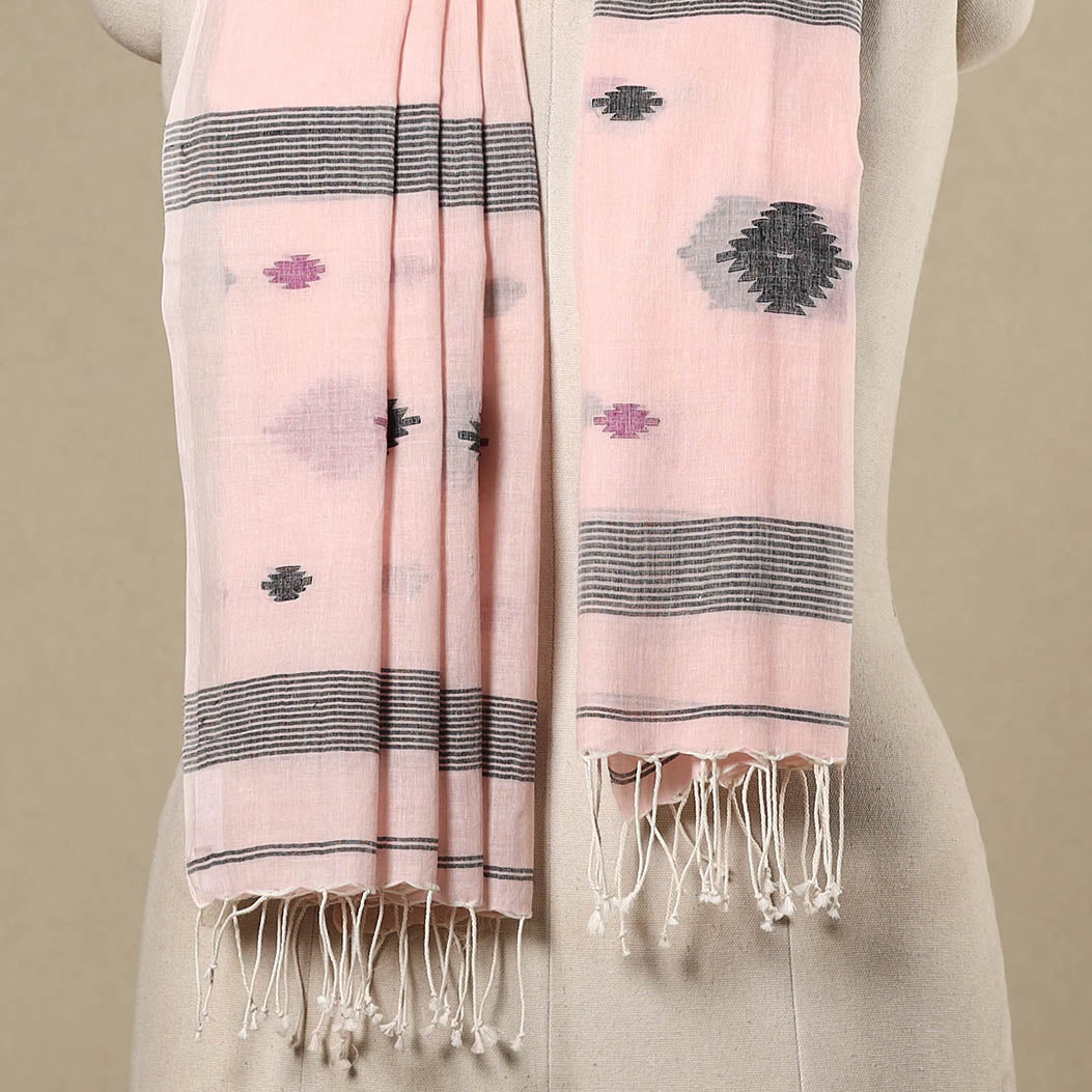 Pink - handloom cotton phulia jamdani stole with tassels 11