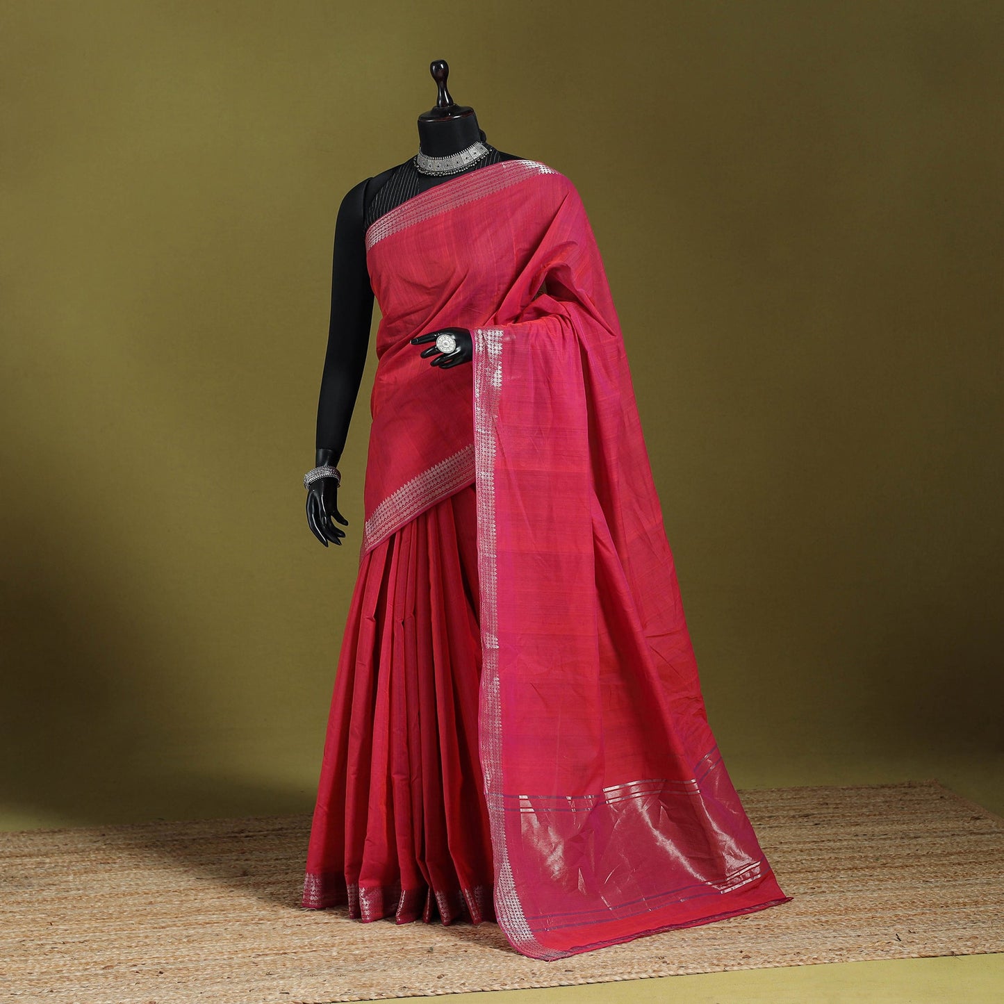 Pink - handloom cotton zari border mangalagiri saree 10