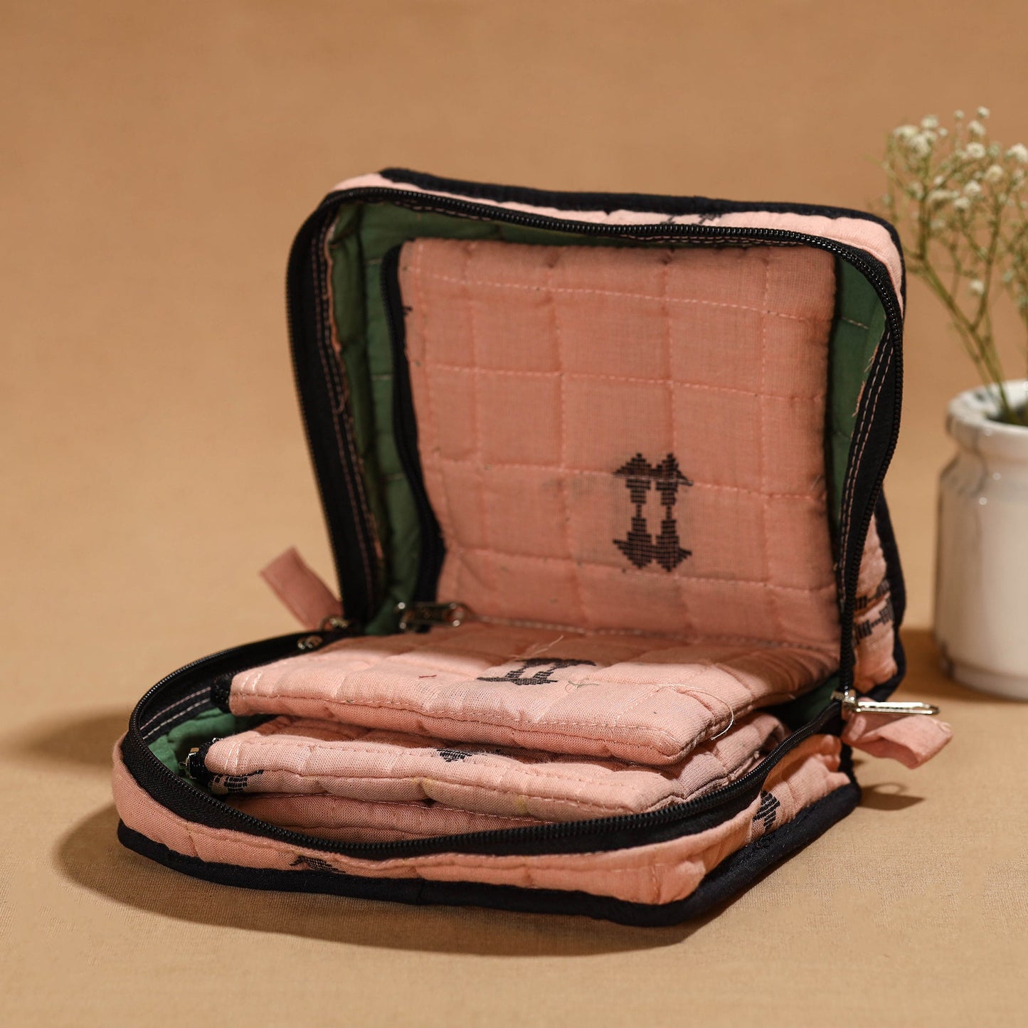 Pink Handmade 4 Pockets Cotton Jewelry Bag
