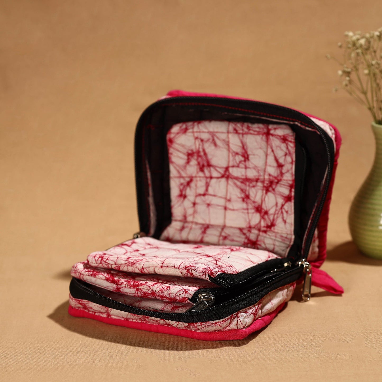 Pink Handmade Cotton Jewelry Bag - 4 Pockets