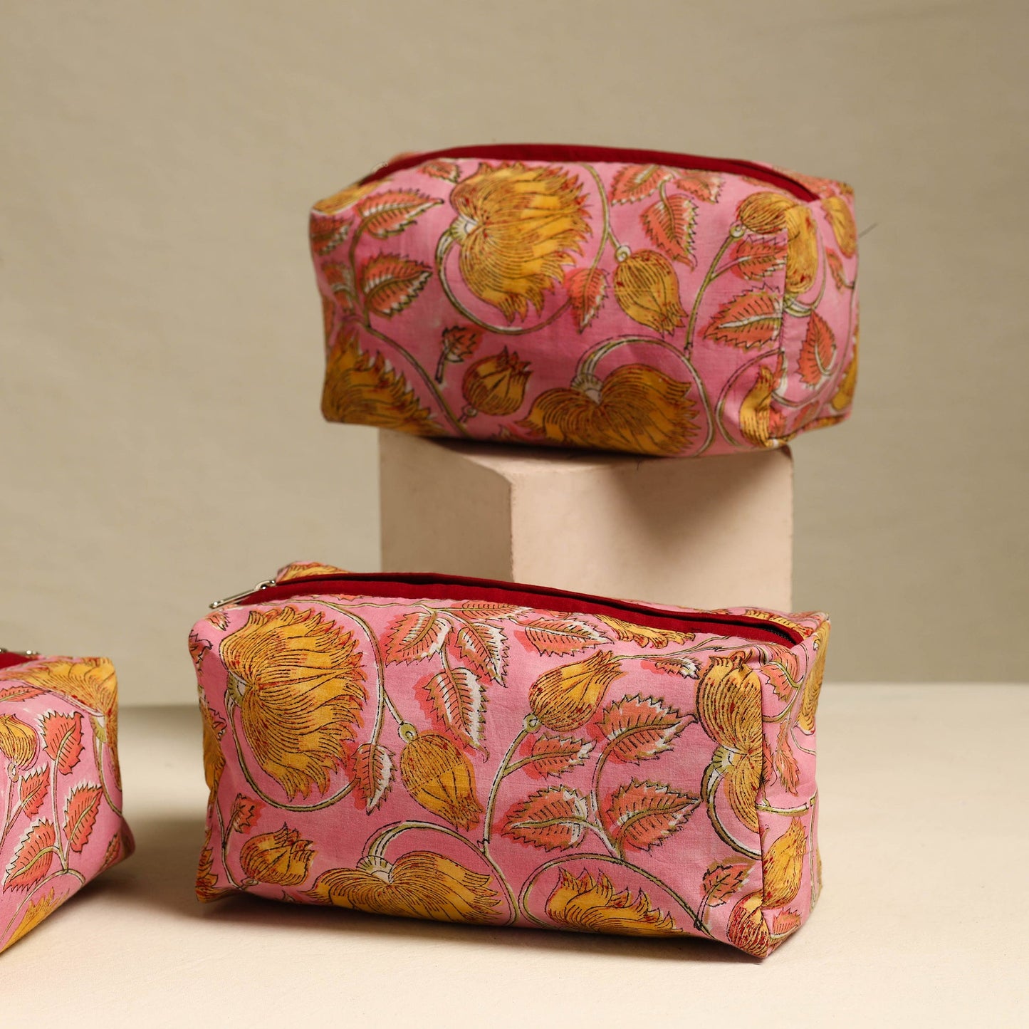 Pink Handmade Cotton Toiletry Bags (Set of 3)