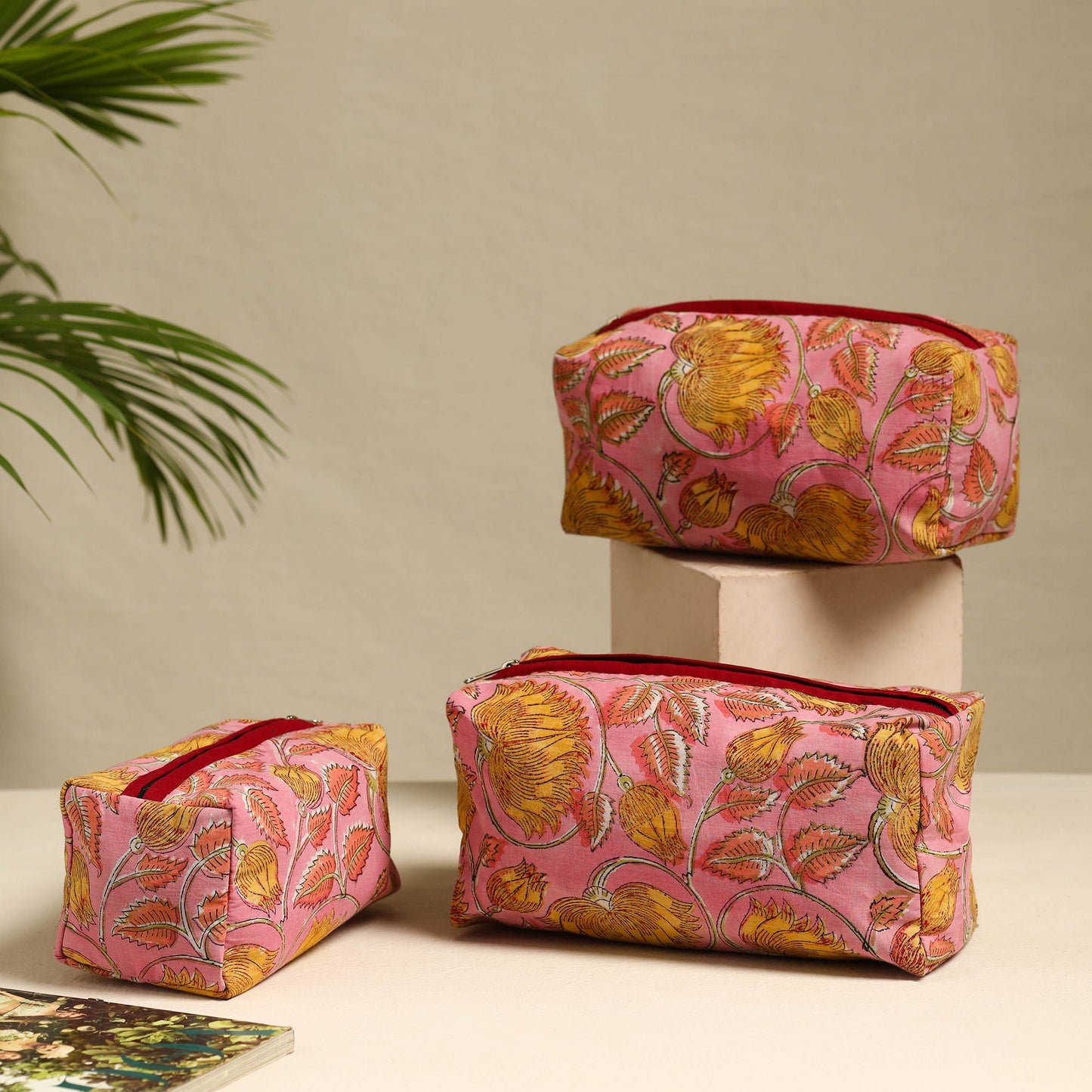 Pink Handmade Cotton Toiletry Bags (Set of 3)