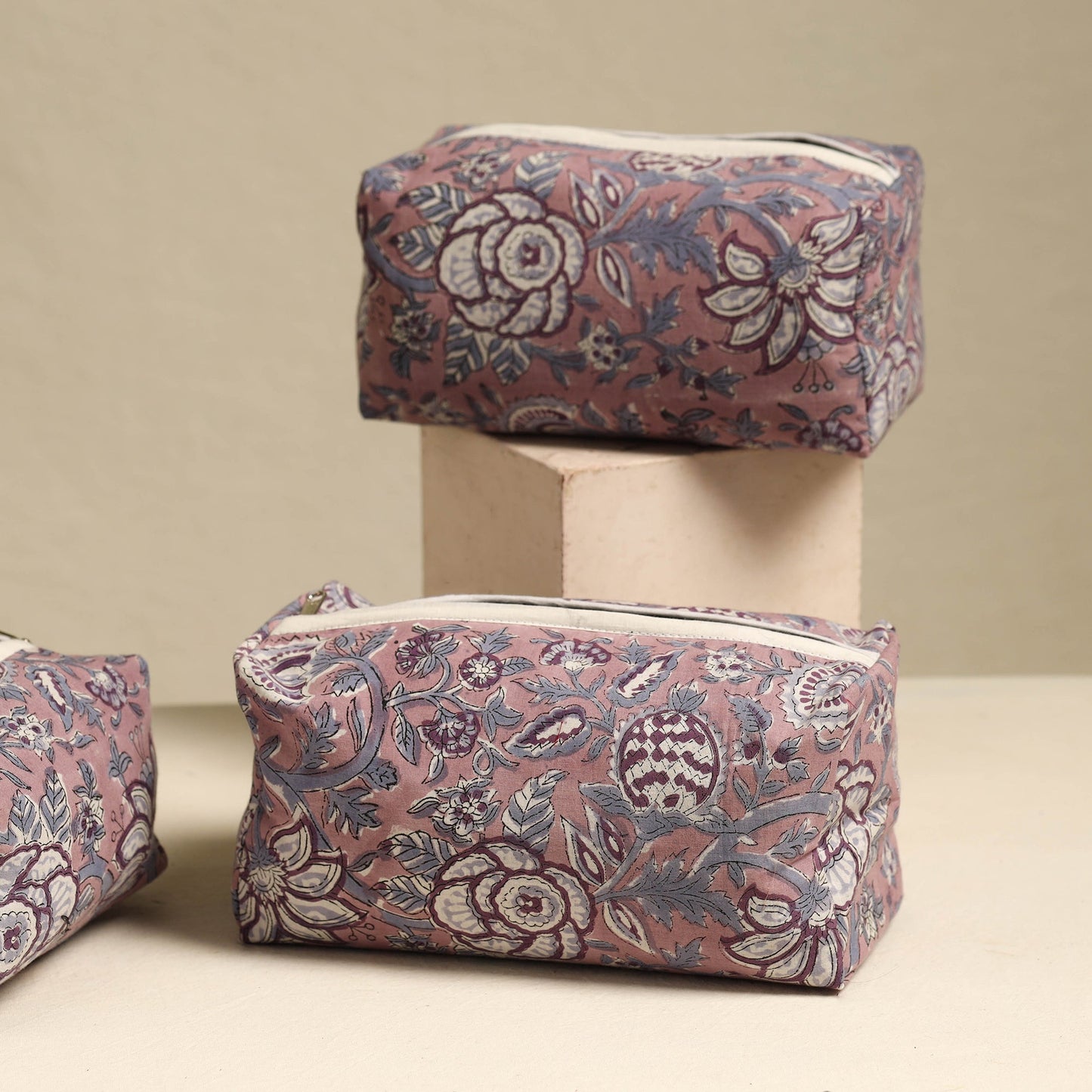Pink Handmade Cotton Toiletry Bags (Set of 3)