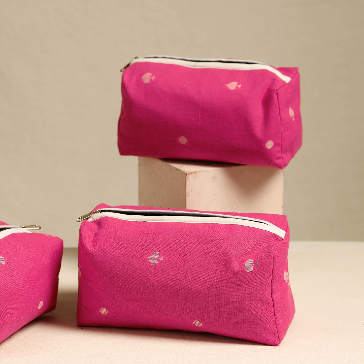 Pink Handmade Cotton Toiletry Bags (Set of 3)