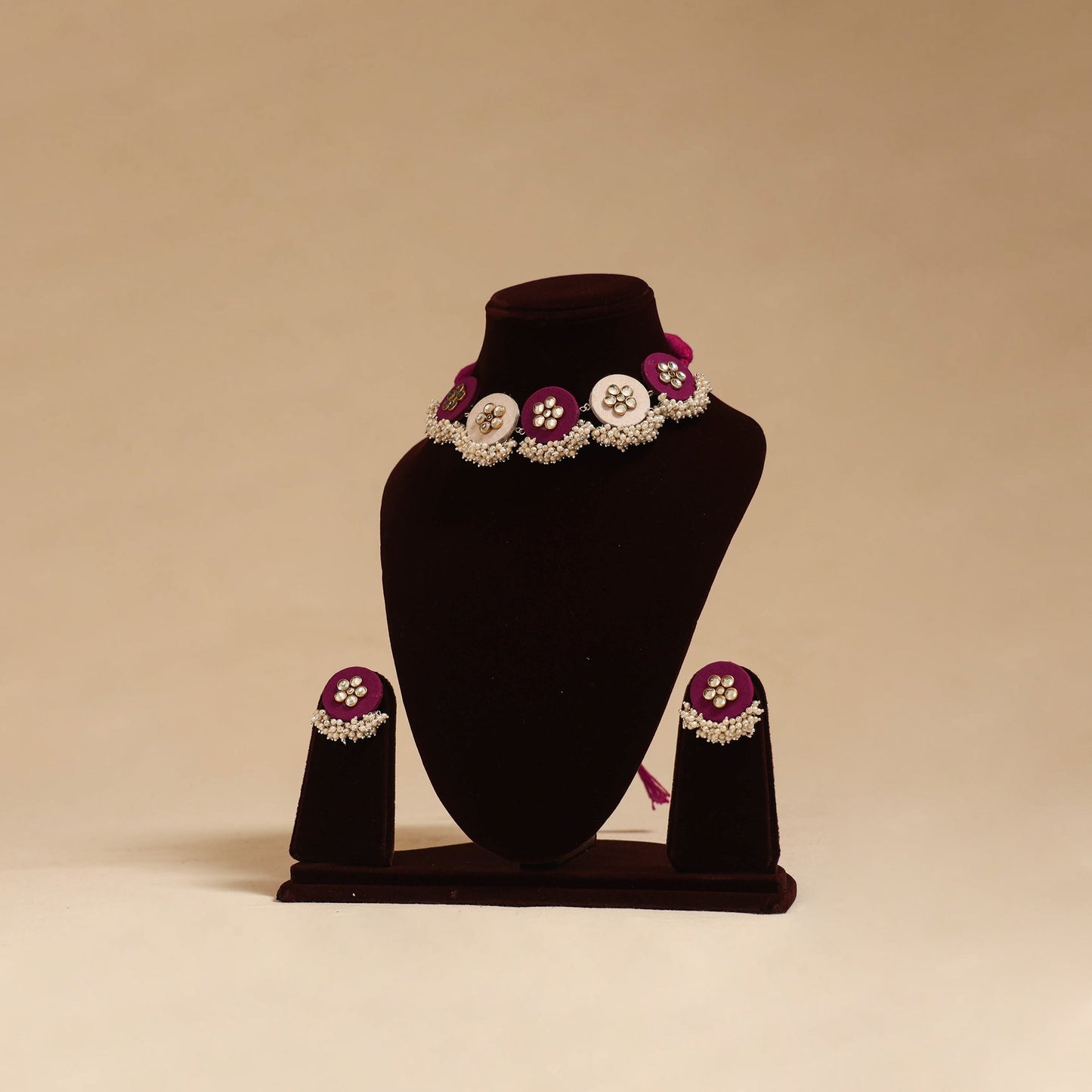 Handmade fabart choker necklace set with kundan & beads 02