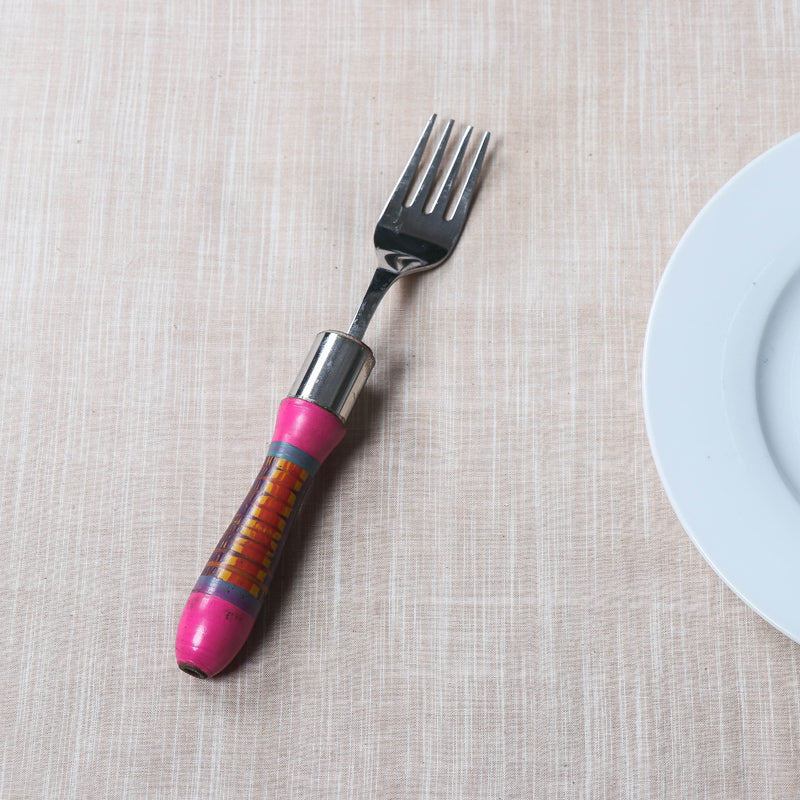 Pink Handmade Kutch Lacquered Wooden Handle Steel Fork