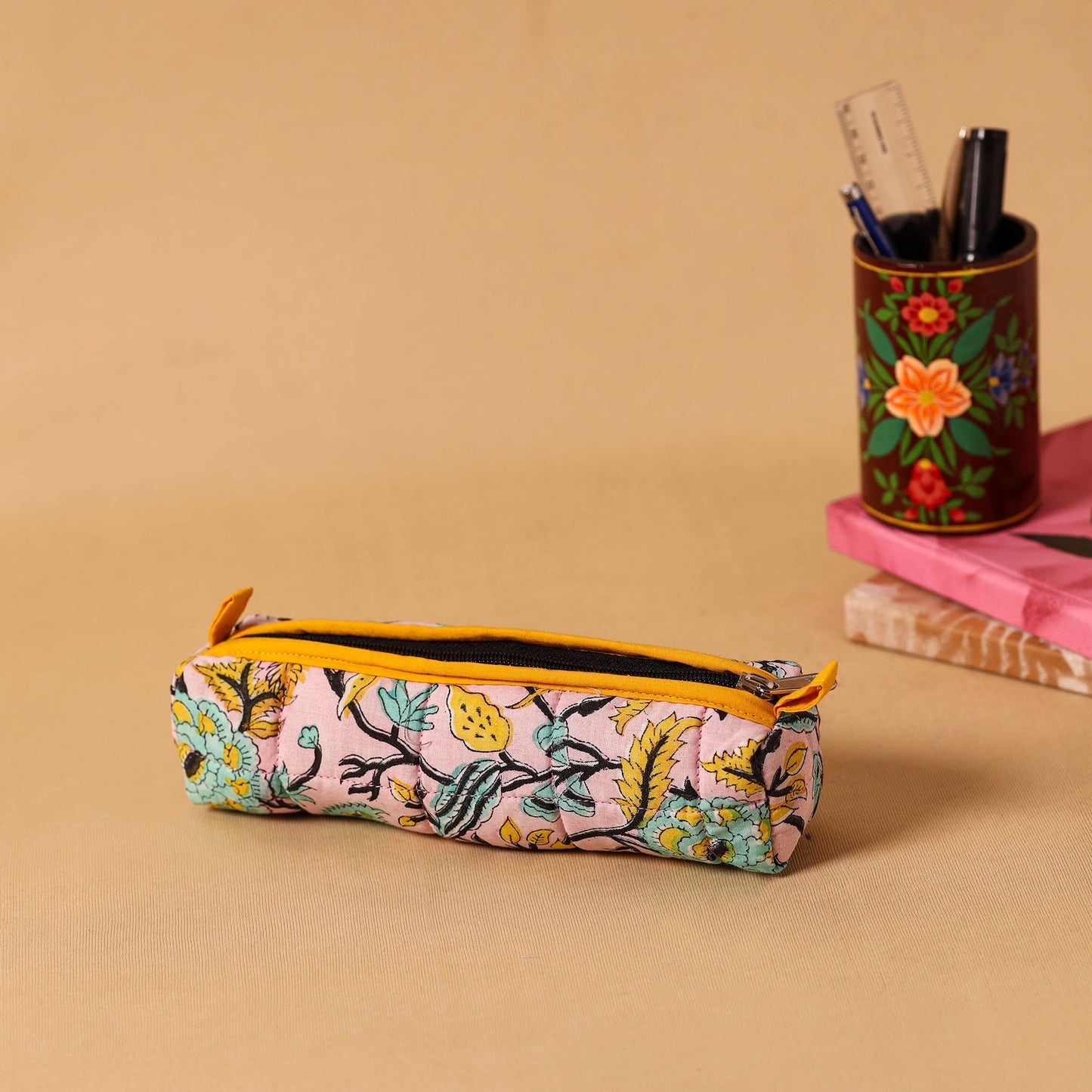 Pink Handmade Quilted Cotton Pencil Pouch