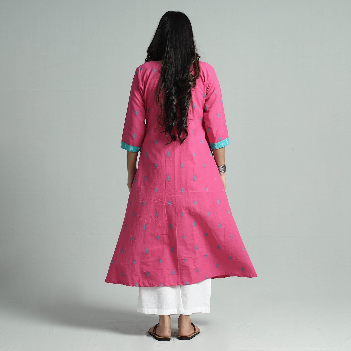 Pink jacquard cotton floral kurta - handcrafted