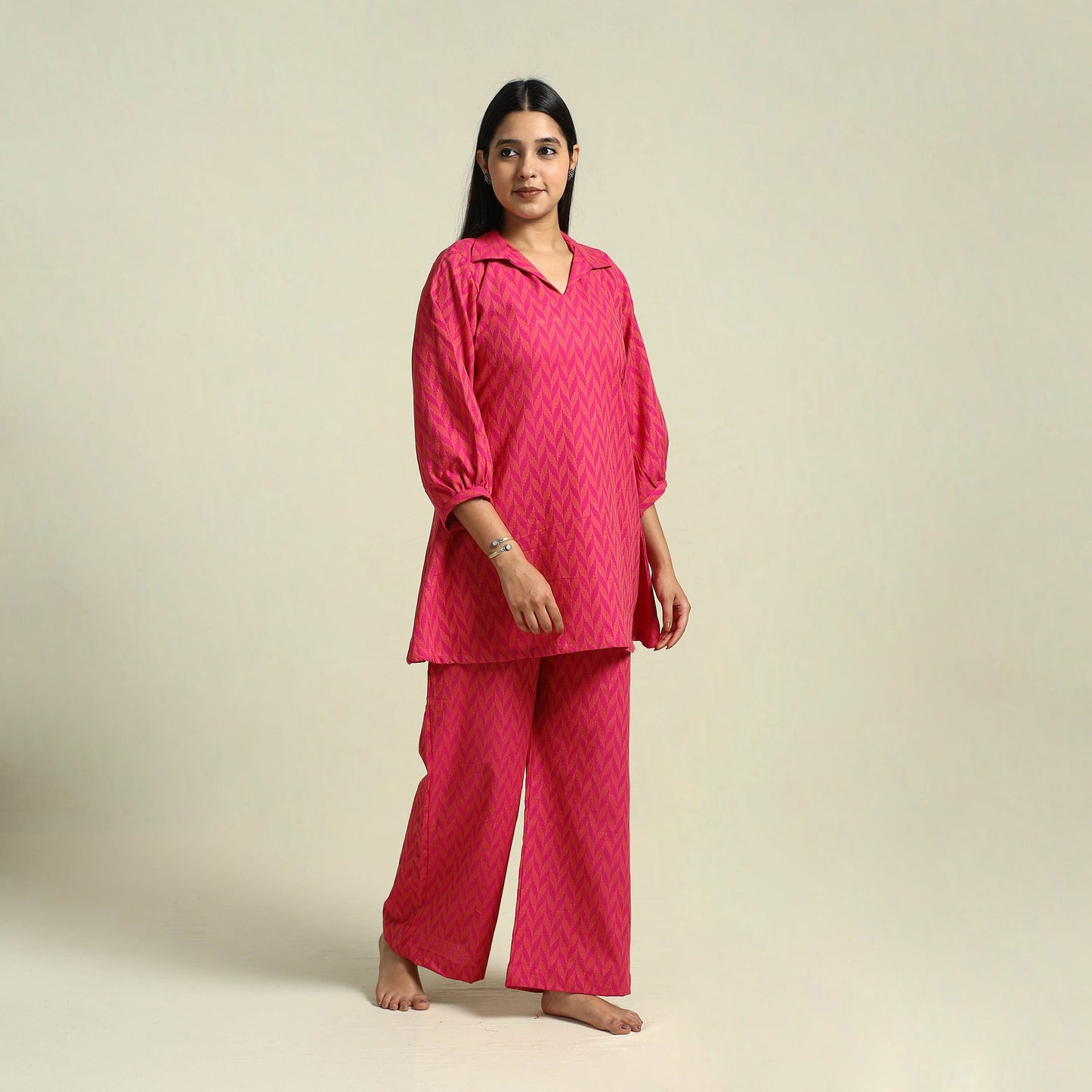 Pink Jacquard Cotton Top & Pyjama Night Suit Set