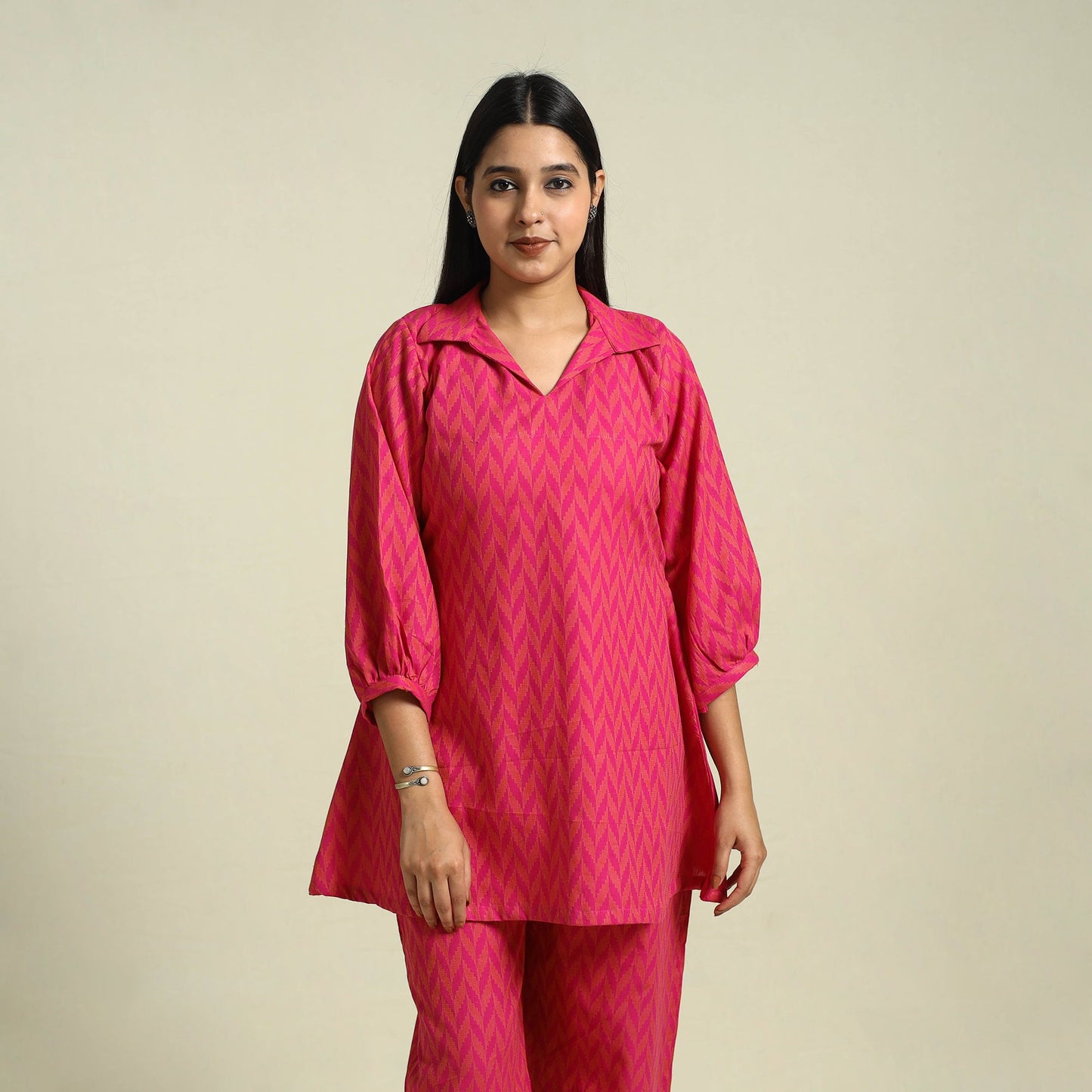 Pink Jacquard Cotton Top & Pyjama Night Suit Set