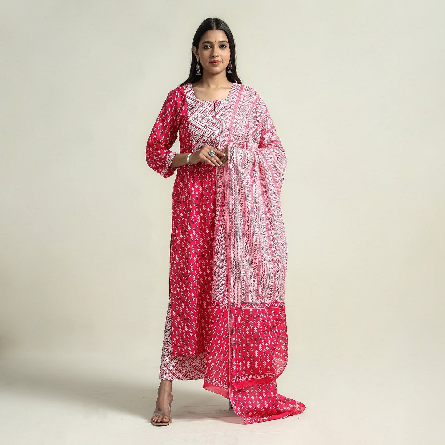 Buy Jaipur Printed Cotton Kurta with Palazzo & Dupatta Set Online at iTokri.com